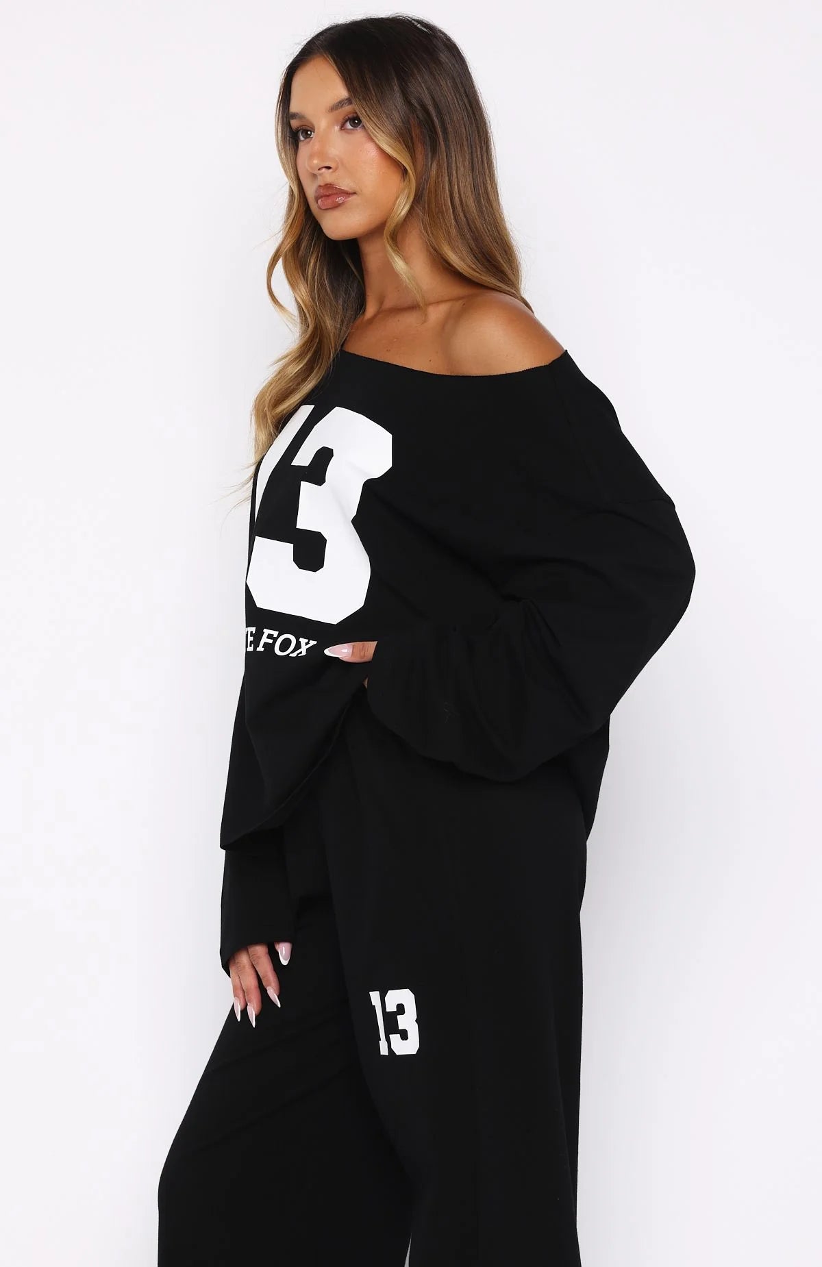 Only One Left Off Shoulder Oversized Long Sleeve Tee Black