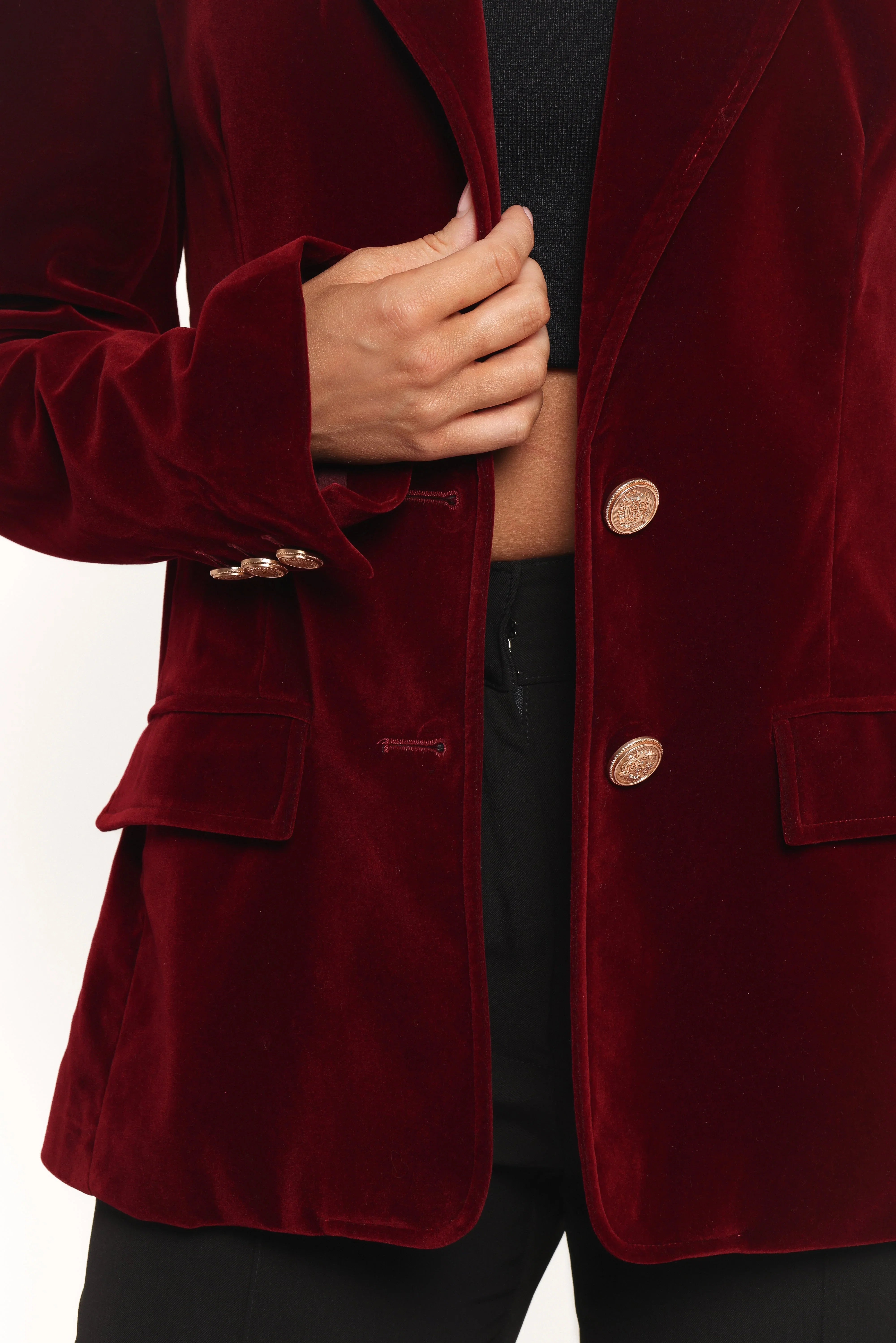 Zpya Single Button Velvet Blazer Berry