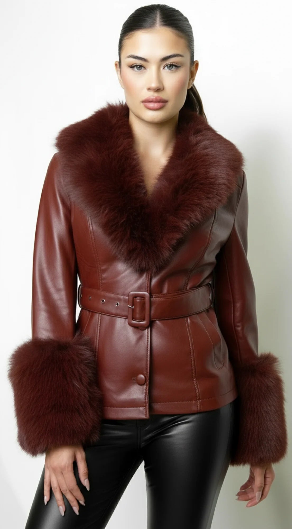 Anzhelina Faux Fur Leather Jacket Brown
