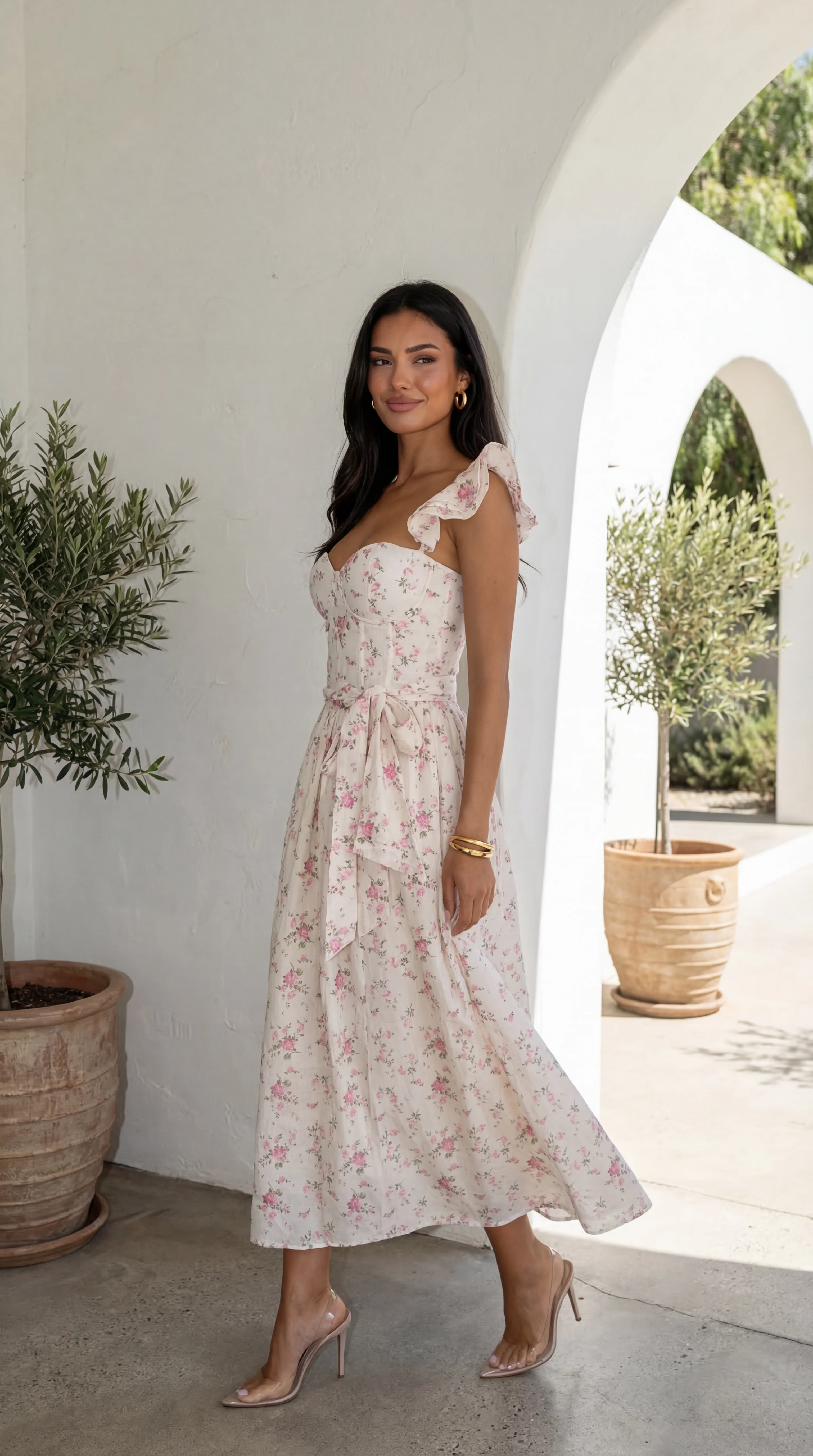 Florienne Floral Corset Flutter Midi Dress Ivory