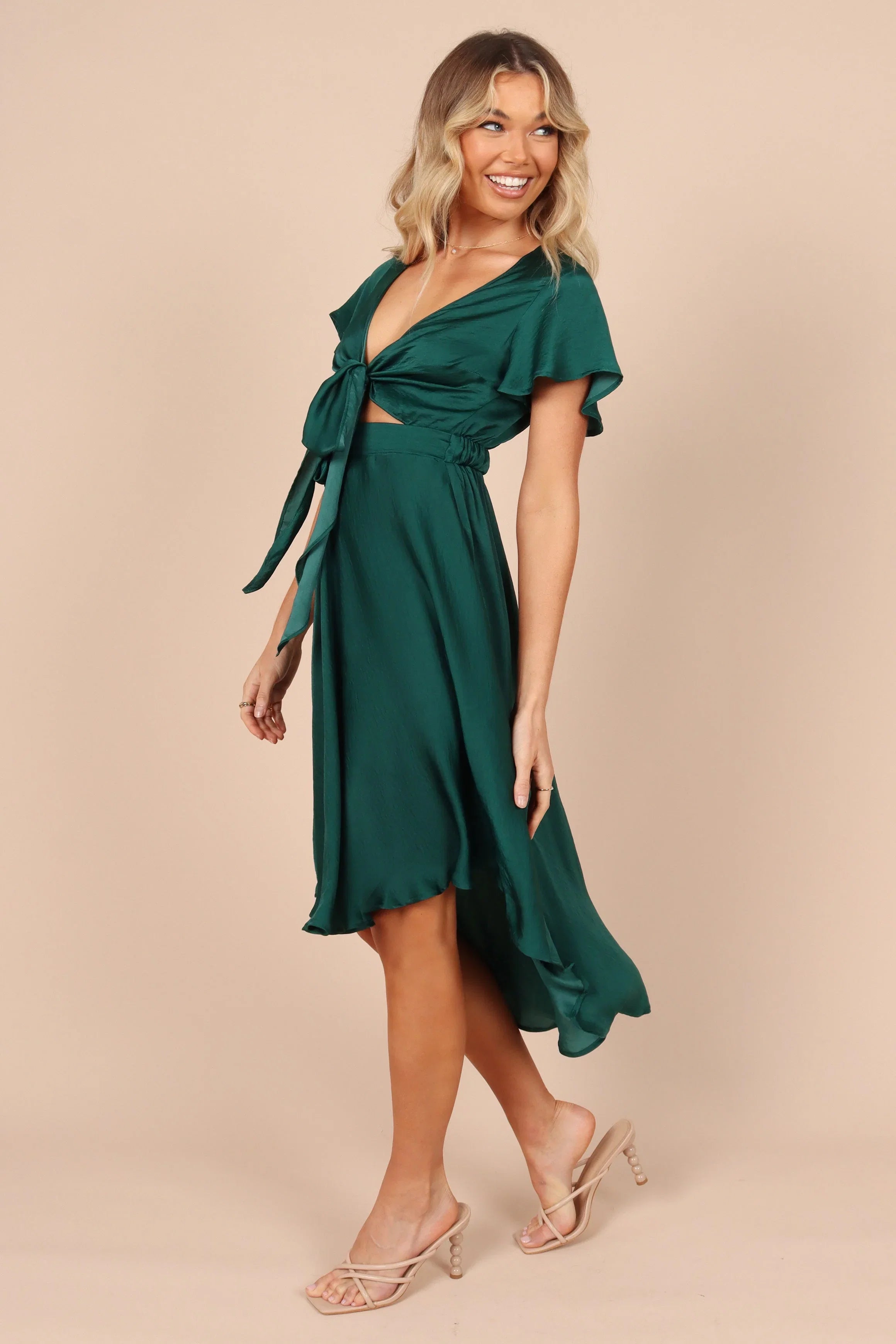 Amanda Hi Lo Tie Front Dress Emerald