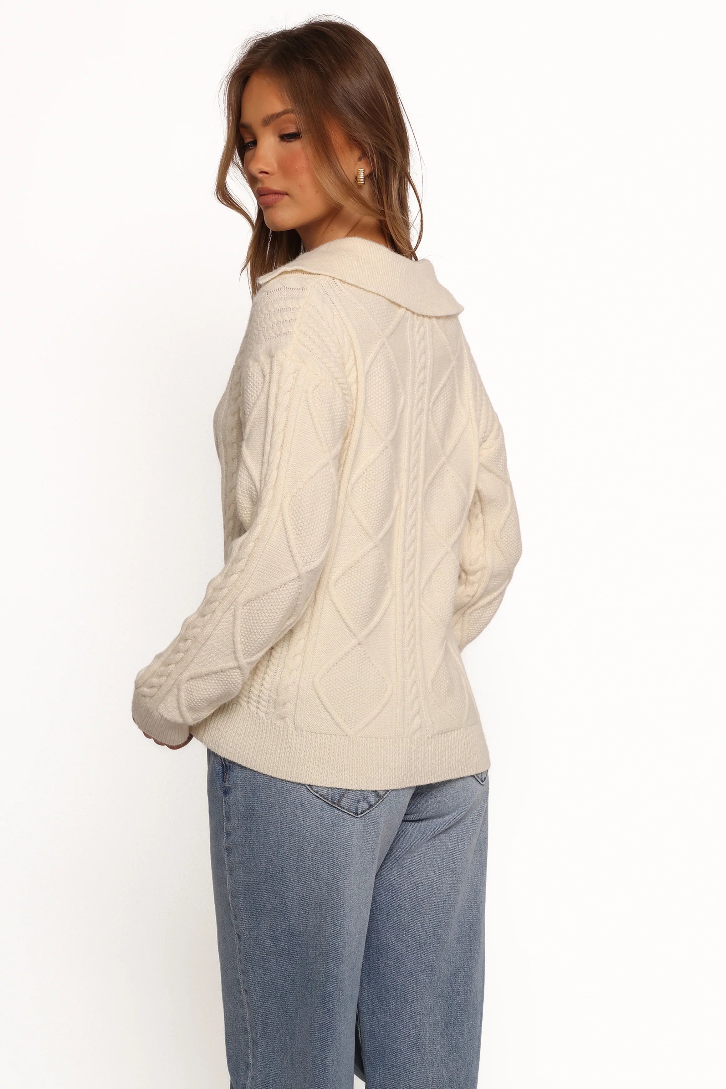 Robbie Collar Neck Cable Knit Sweater Cream