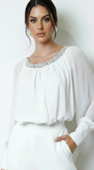 Halo Beaded Sheer Blouse White