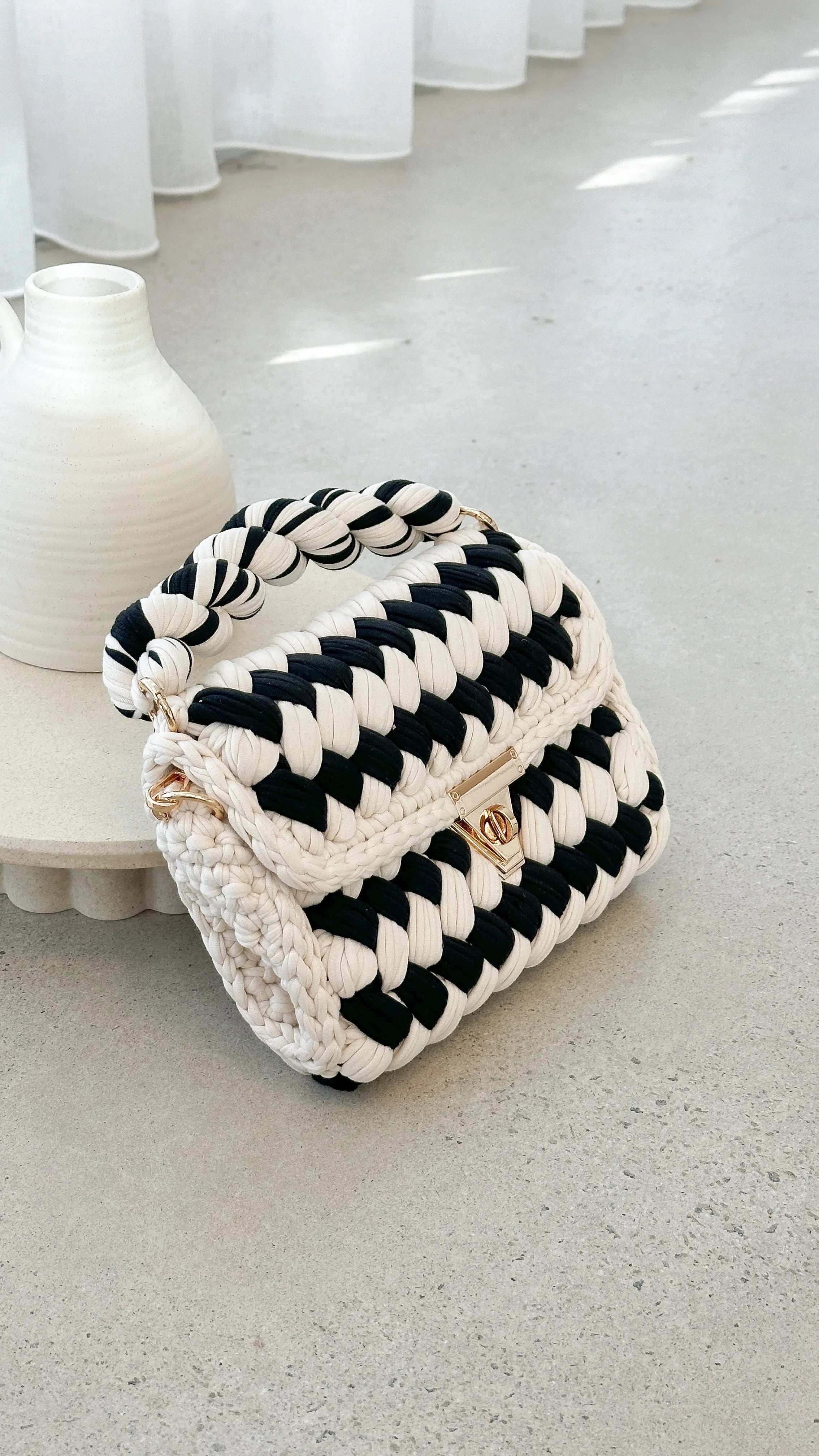 Annabel Chunky Plaited Handbag Cream Black