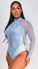 Alicia Rhinestone Mesh Bodysuit Blue