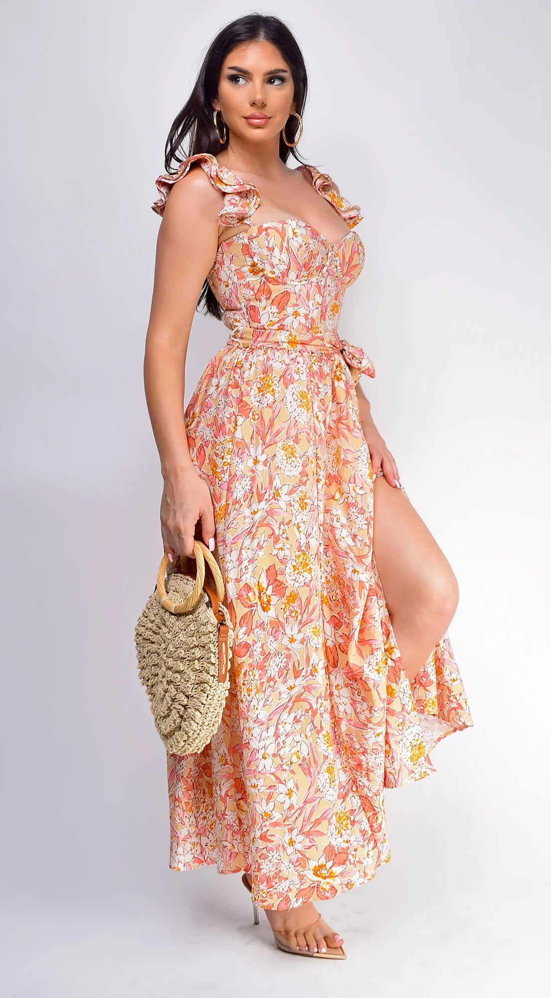Valeria Corset Ruffle Midi Dress Sunset Floral