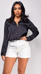 Braylee Satin Button Down Blouse Top Black