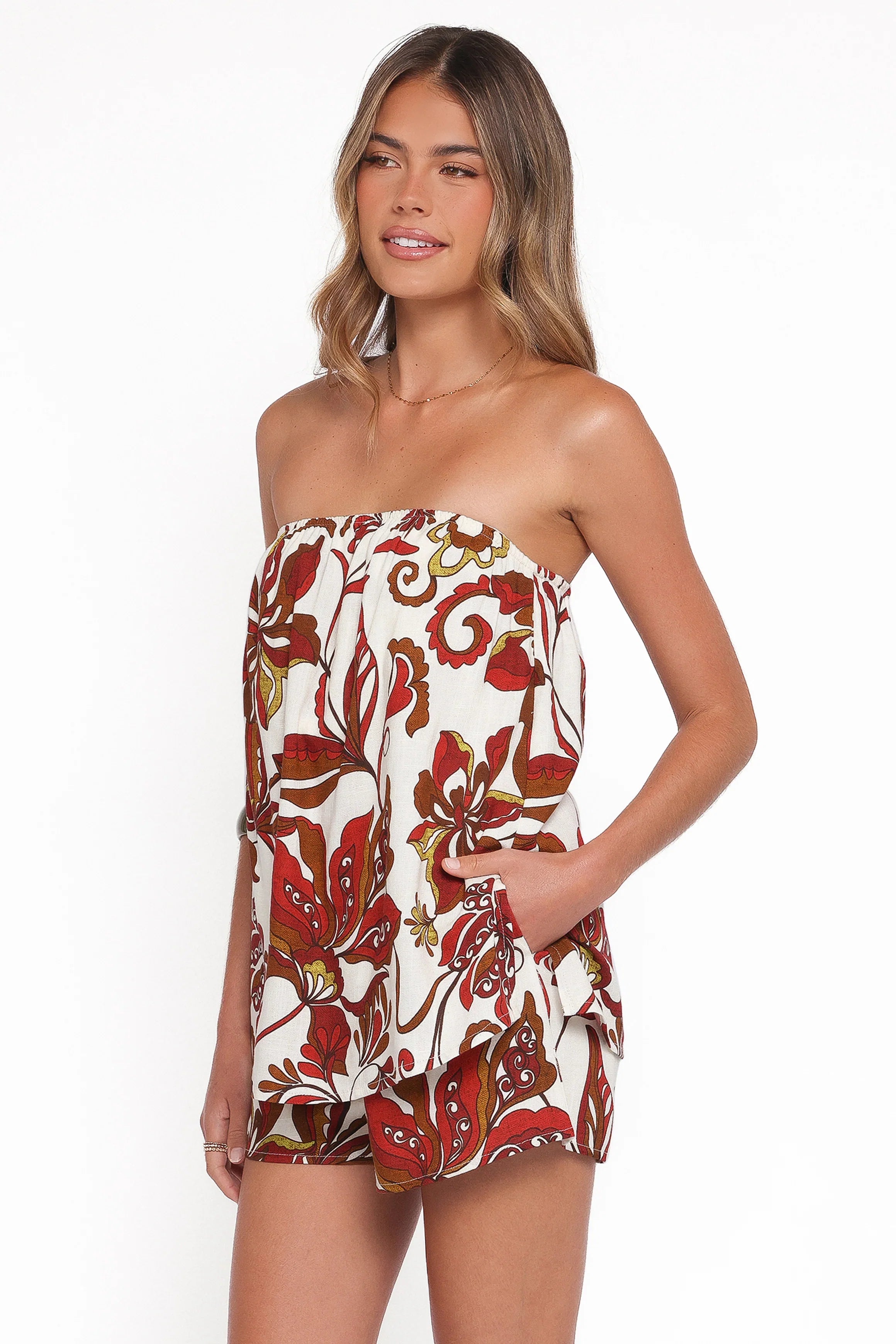 Sallie Strapless Romper Brown Floral