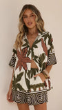 Ravenna Button Up Shirt and Shorts Set Green Beige Palm