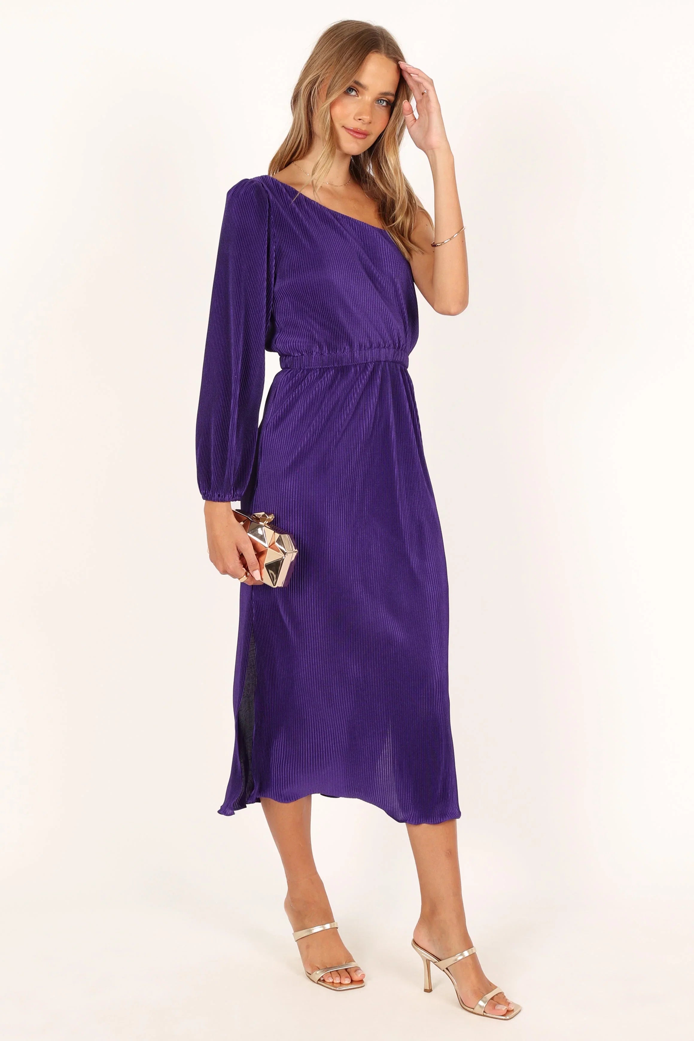 Pontee One Shoulder Pleated Midi Dress Purple