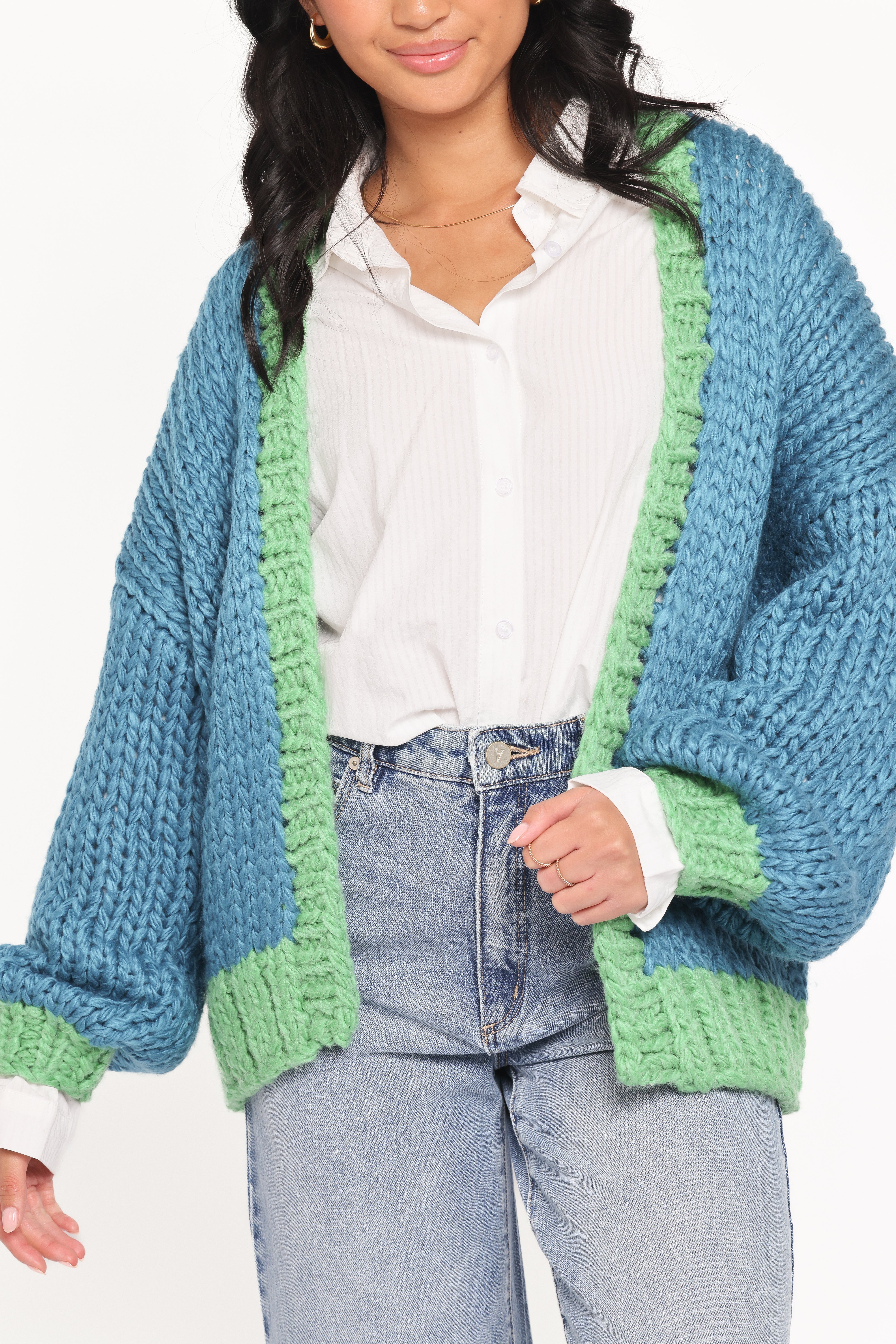 Anige Contrast Trim Cardigan Blue Green