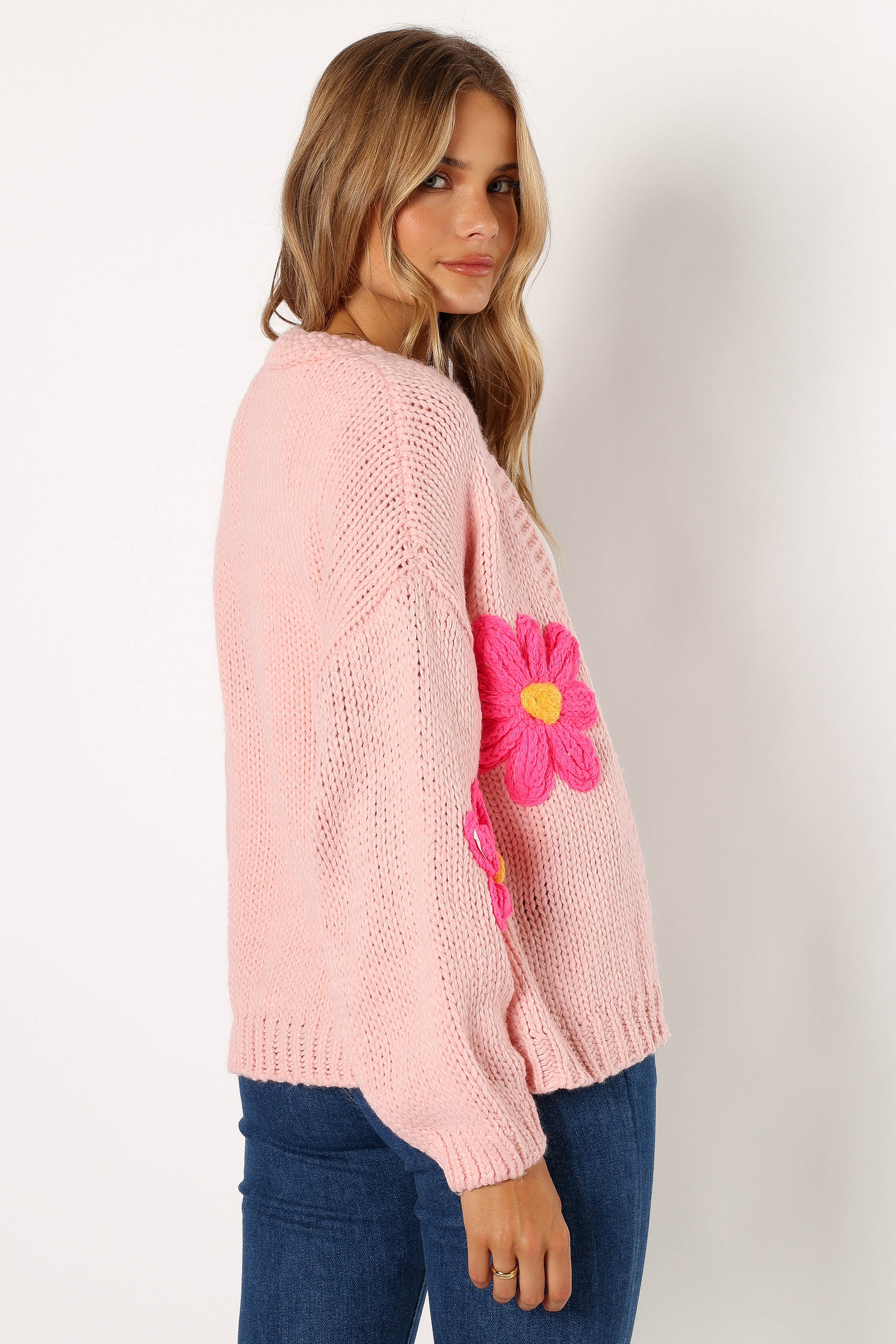 Clementine Flower Embroidered Open Front Cardigan Pink