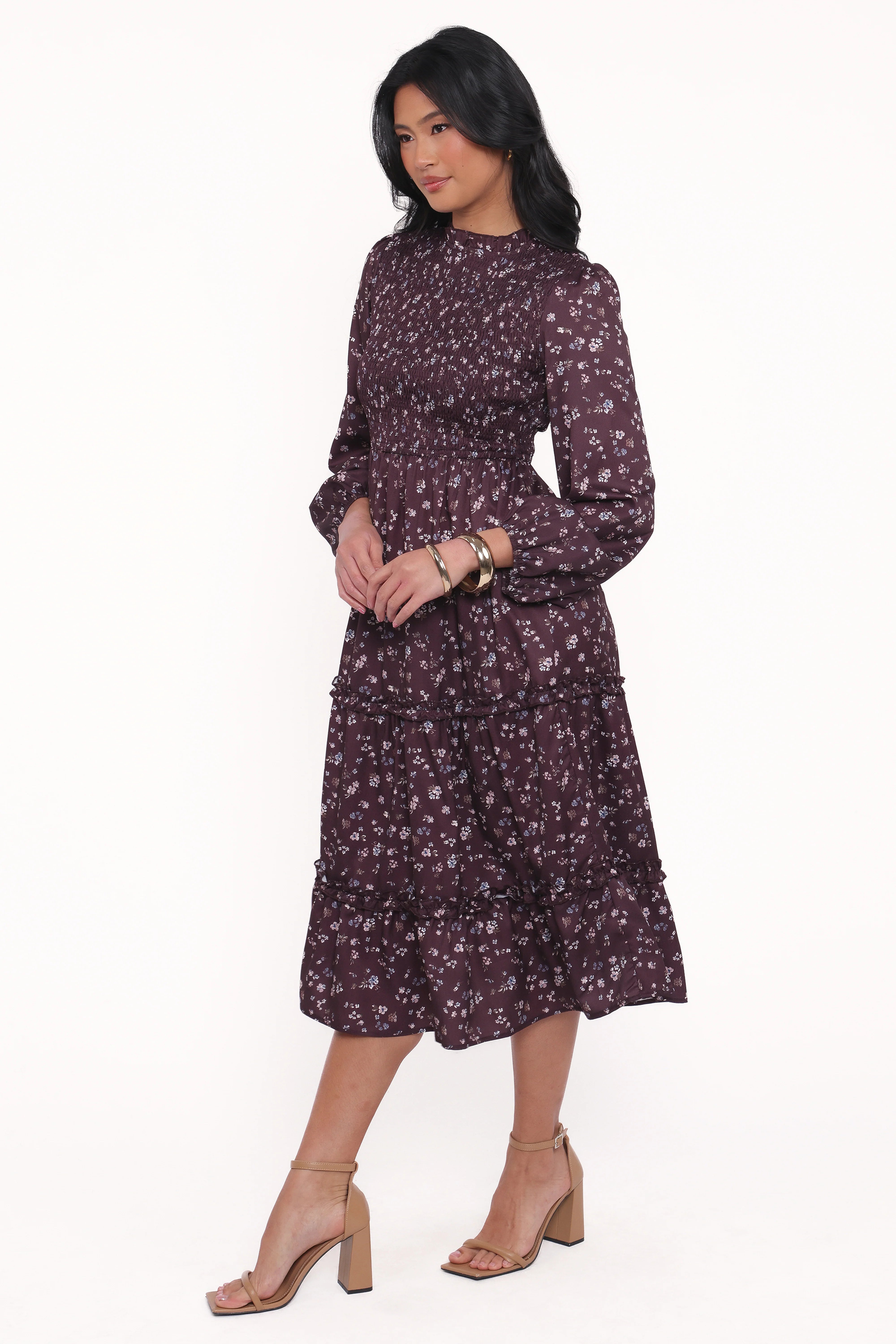 Edwina Shirred Frill Long Sleeve Midi Dress Plum Floral
