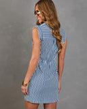 Prep School Blues Striped Wrap Tie Mini Shirt Dress