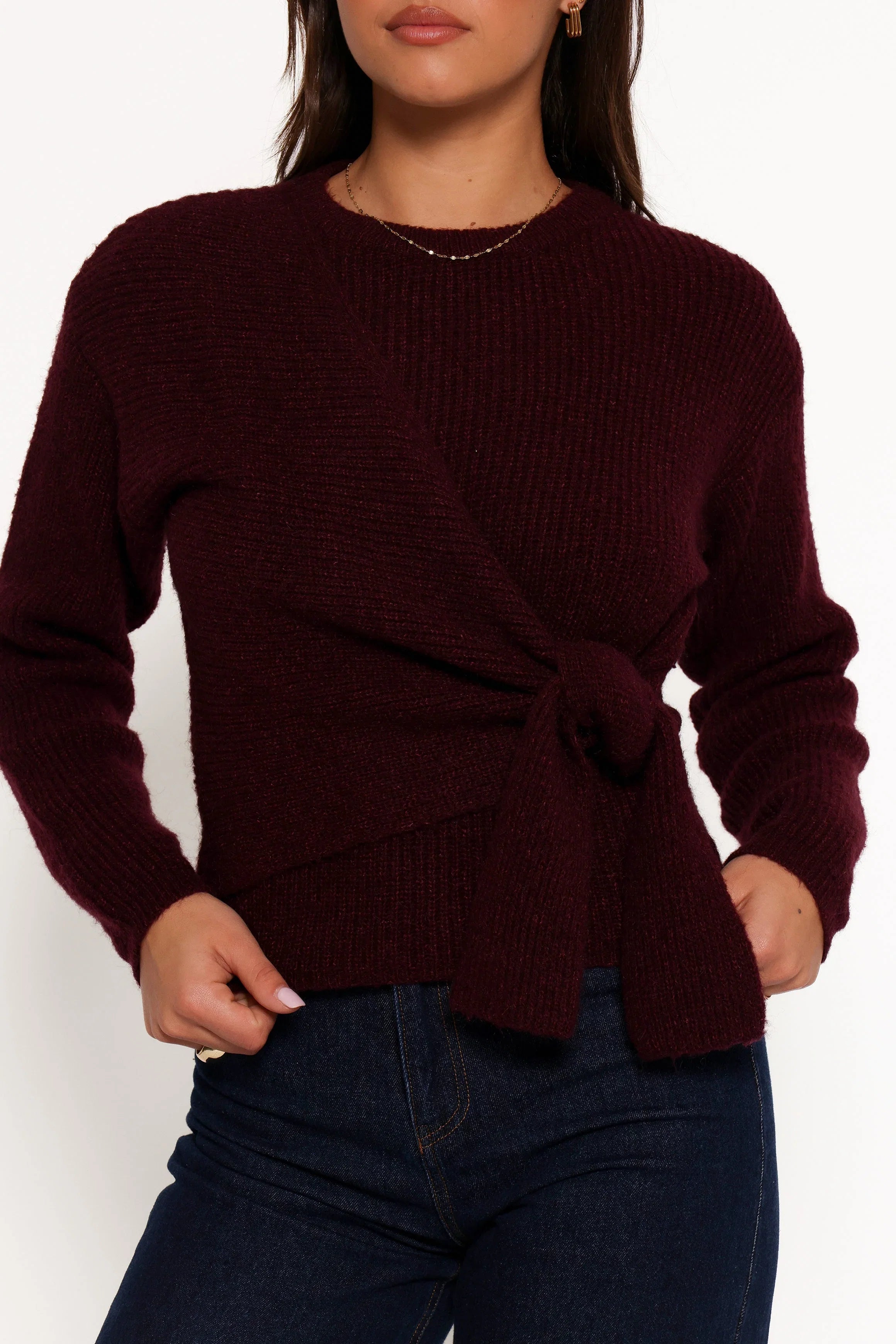 Ettie Wrap Side Tie Knit Sweater Burgundy