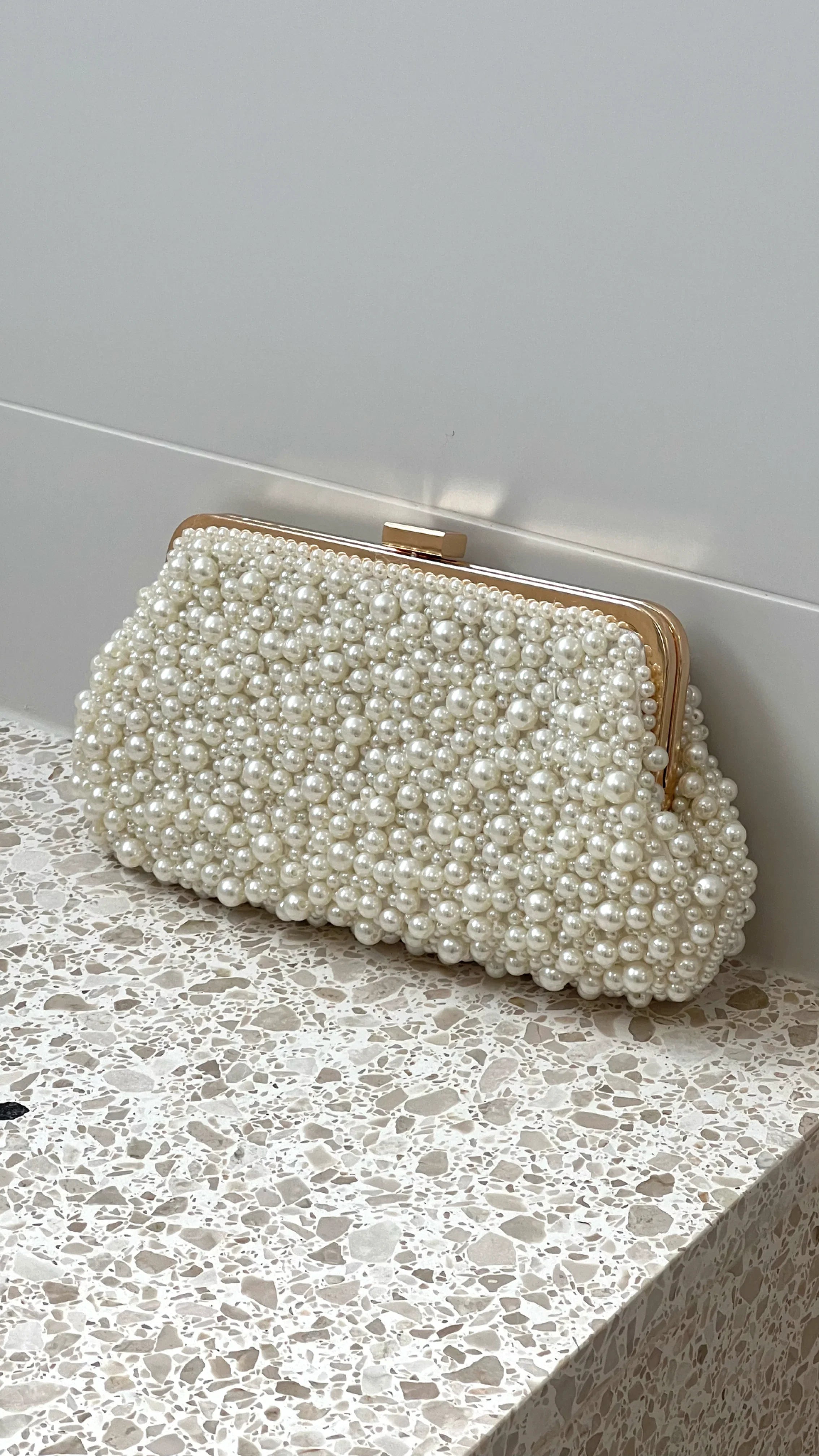 Norma Jean Faux Pearl Clutch Cream Gold