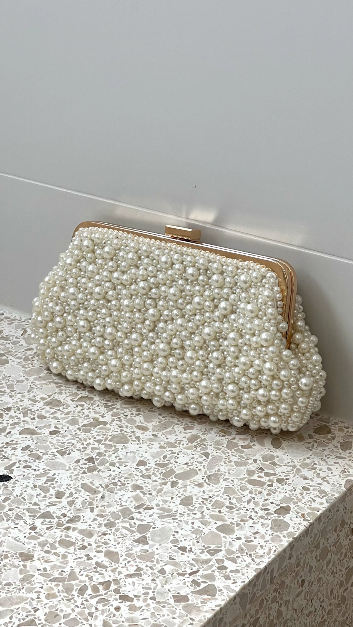 Norma Jean Faux Pearl Clutch Cream Gold