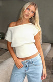 In A Spiral Cinched Waist Off Shoulder Knit Top Cream