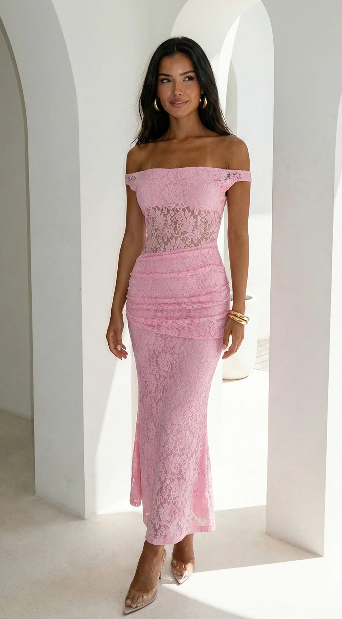 Roselune Lace Off Shoulder Dress Pink
