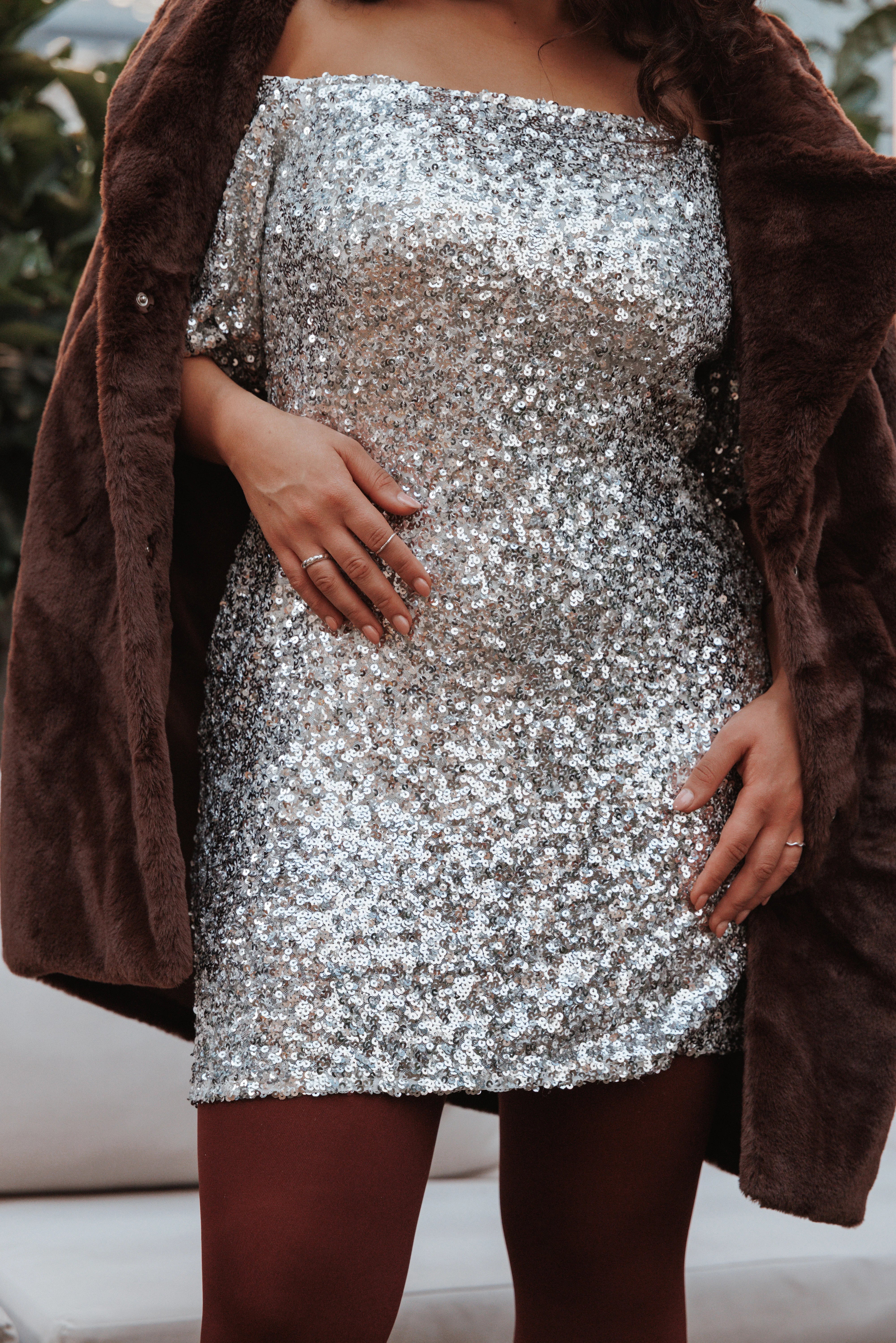 Tory Off Shoulder Sequin Mini Dress Silver