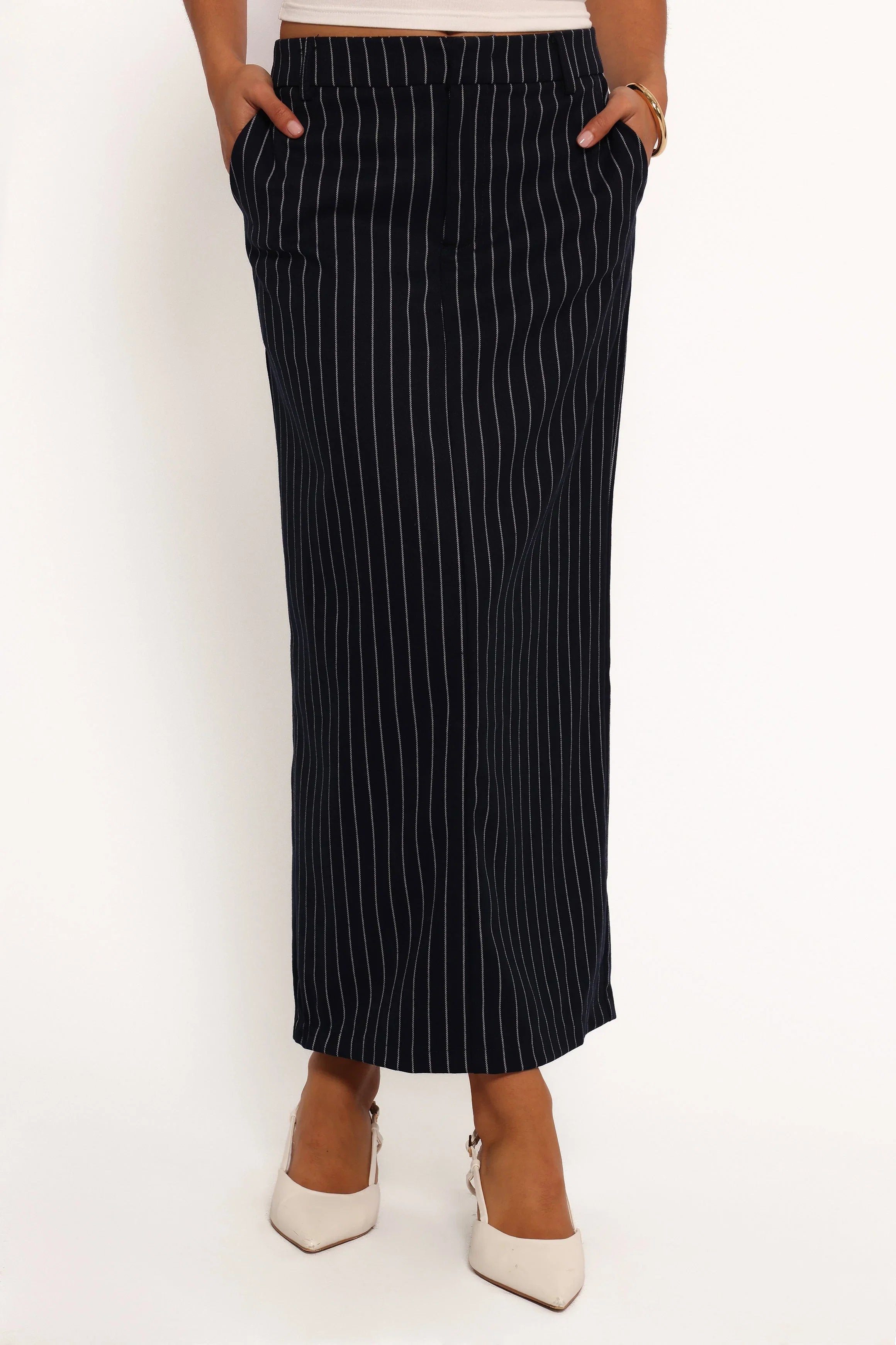 Ellory Midi Skirt Navy Pinstripe