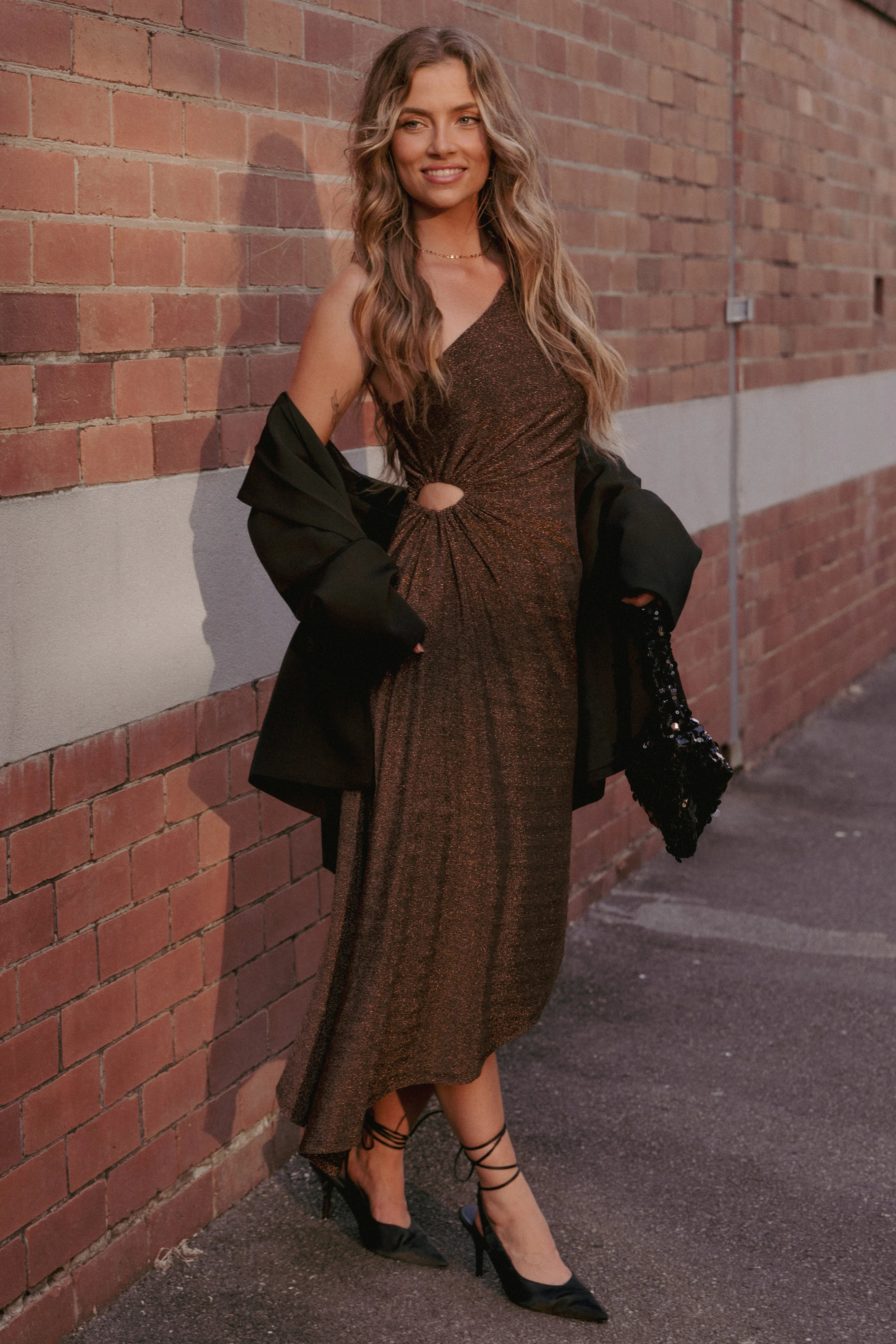 Emma One Shoulder Midi Dress Vintage Gold