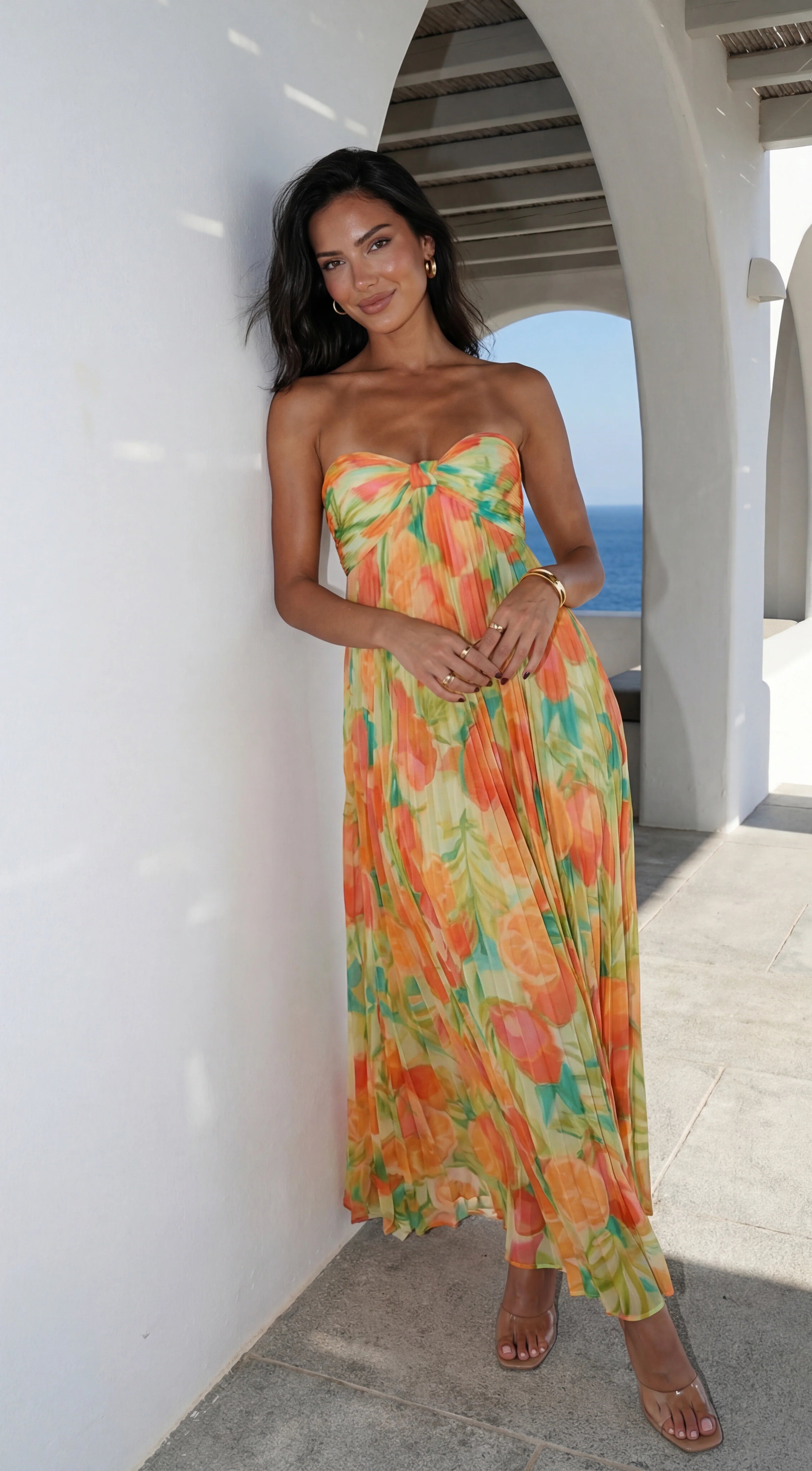 Nayira Floral Pleated Strapless Maxi Dress Orange Multi