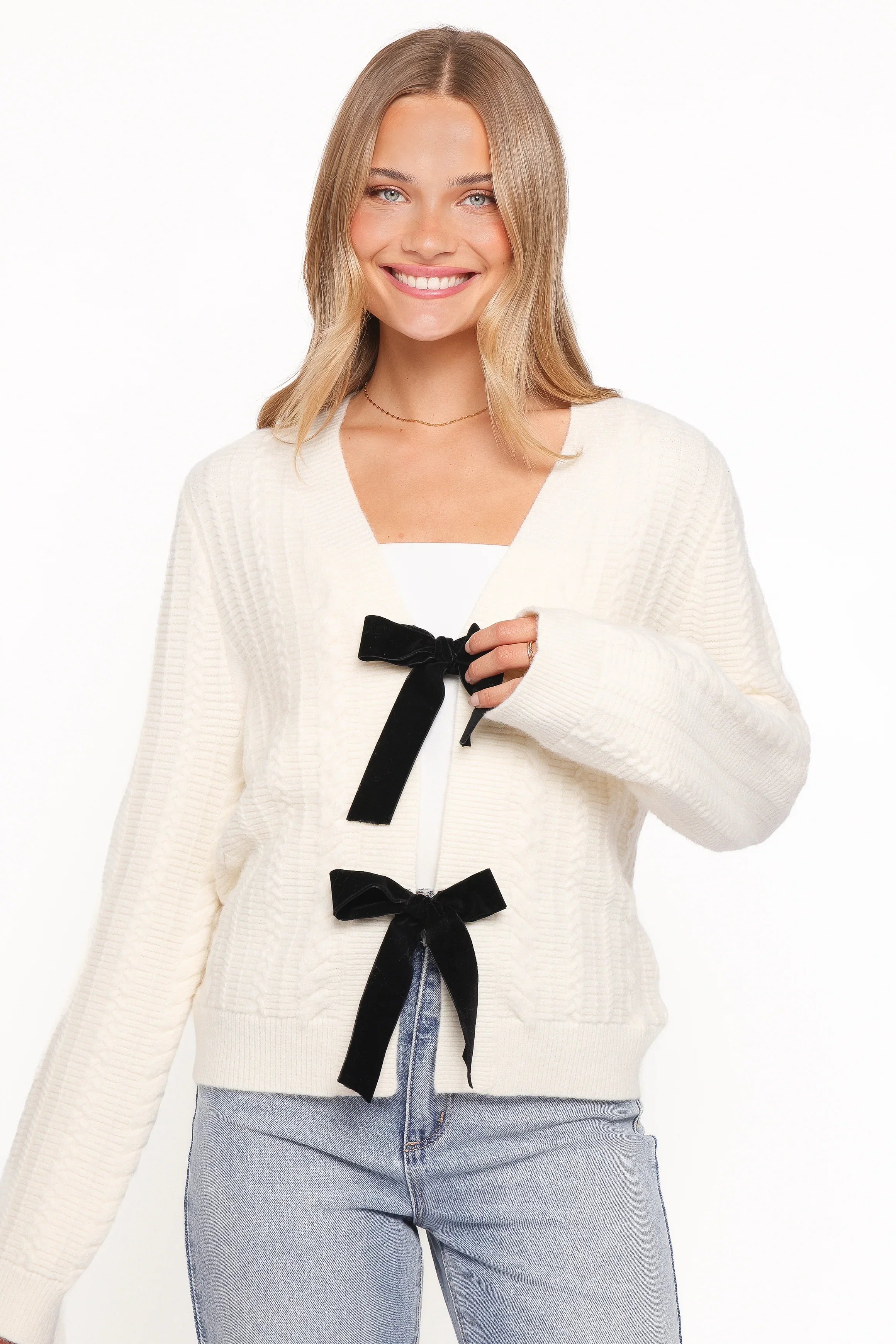 Bree Velvet Bow Cardigan Cream