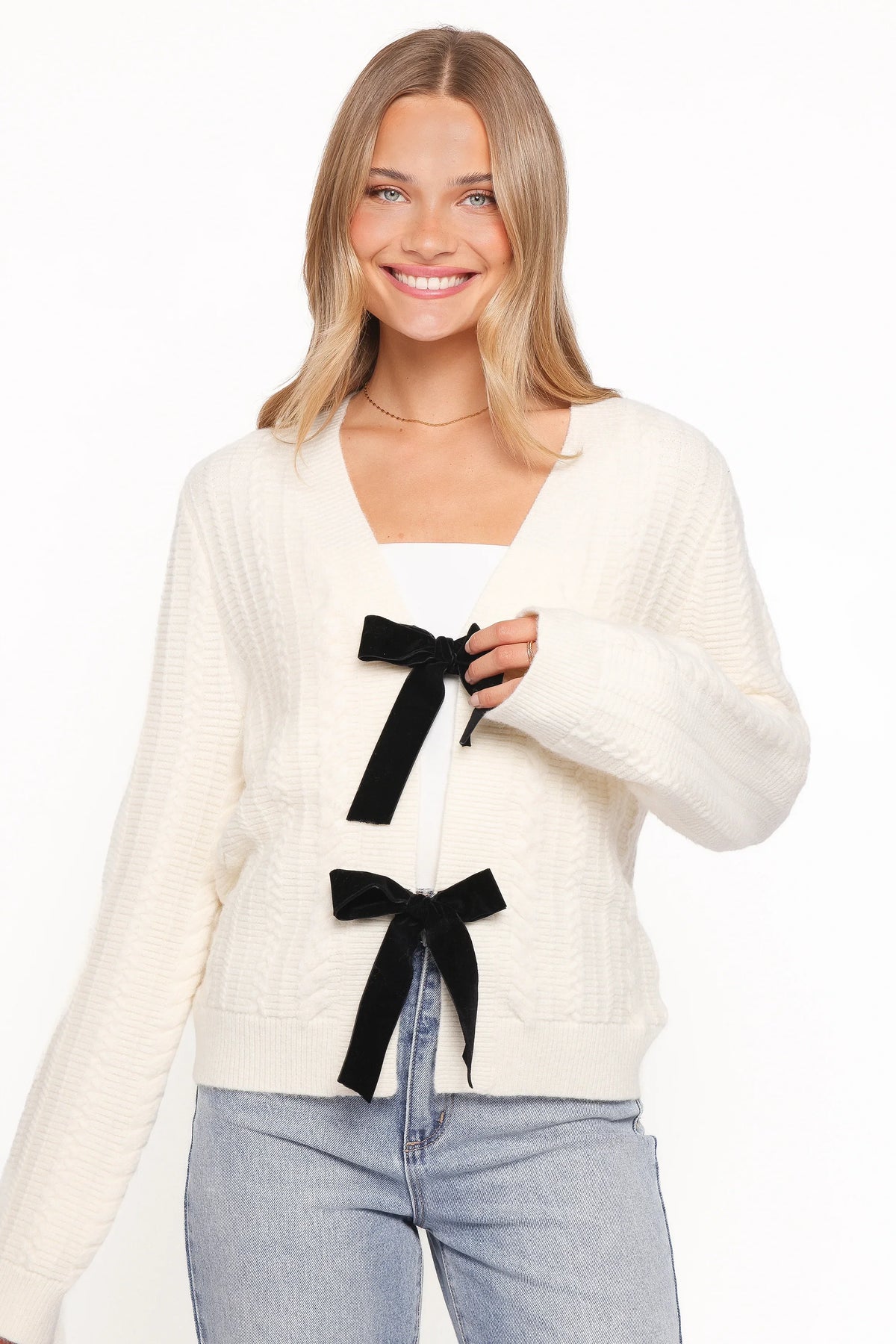 Bree Velvet Bow Cardigan Cream
