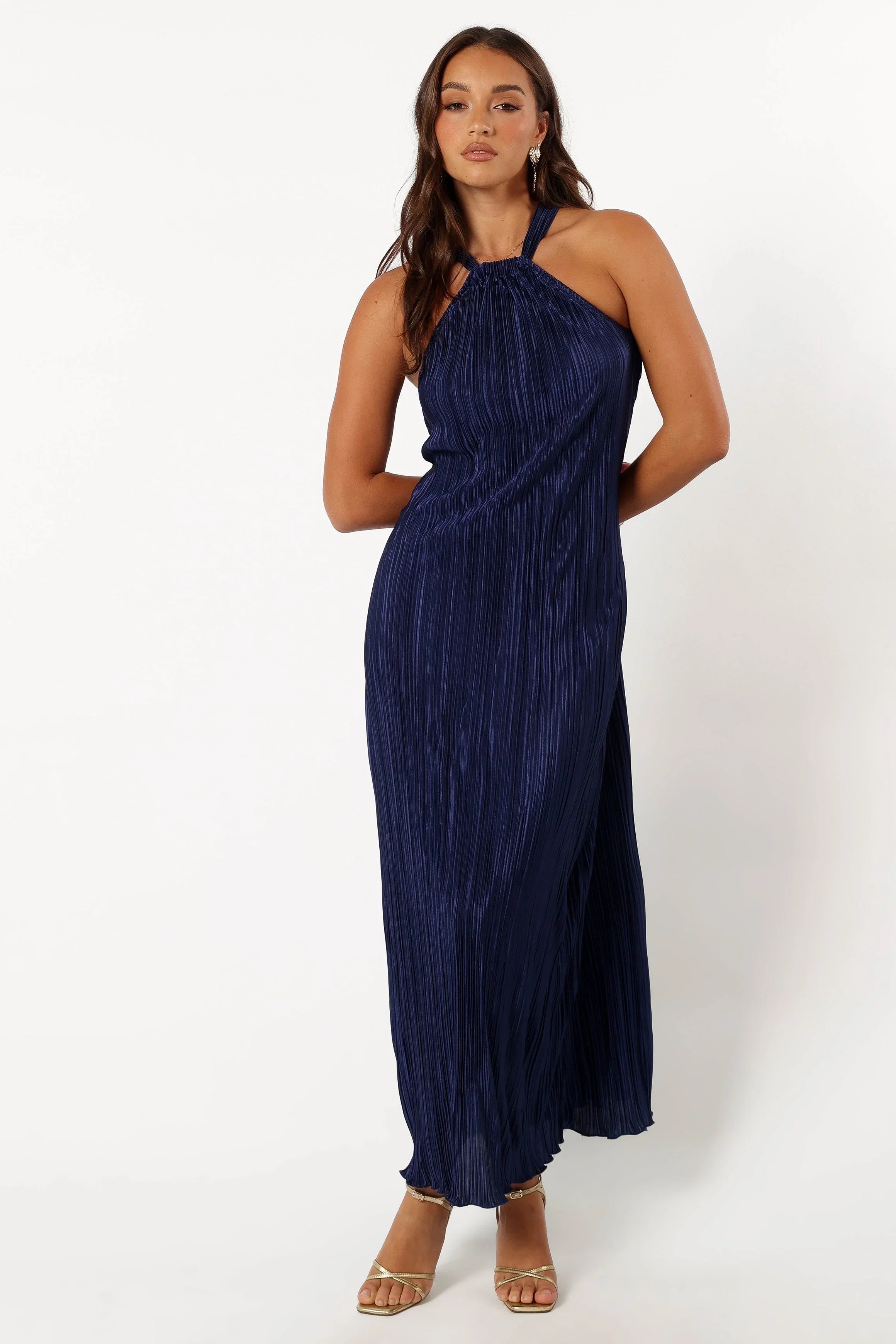 Melody Plisse Halter Maxi Dress Navy