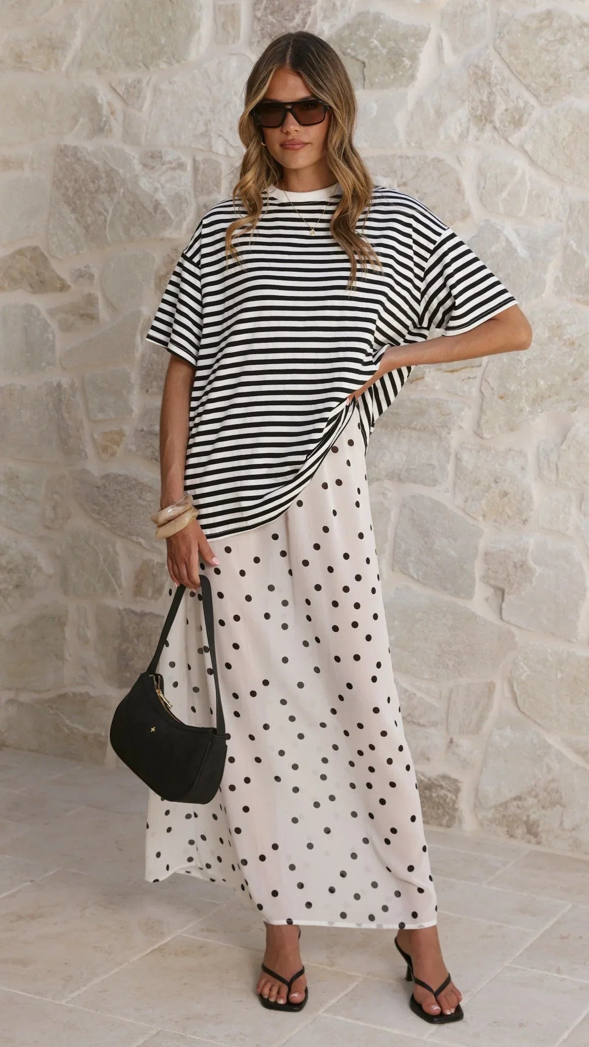 Elisha T Shirt and Sheer Maxi Skirt Set Black White Stripe and Polka Dot