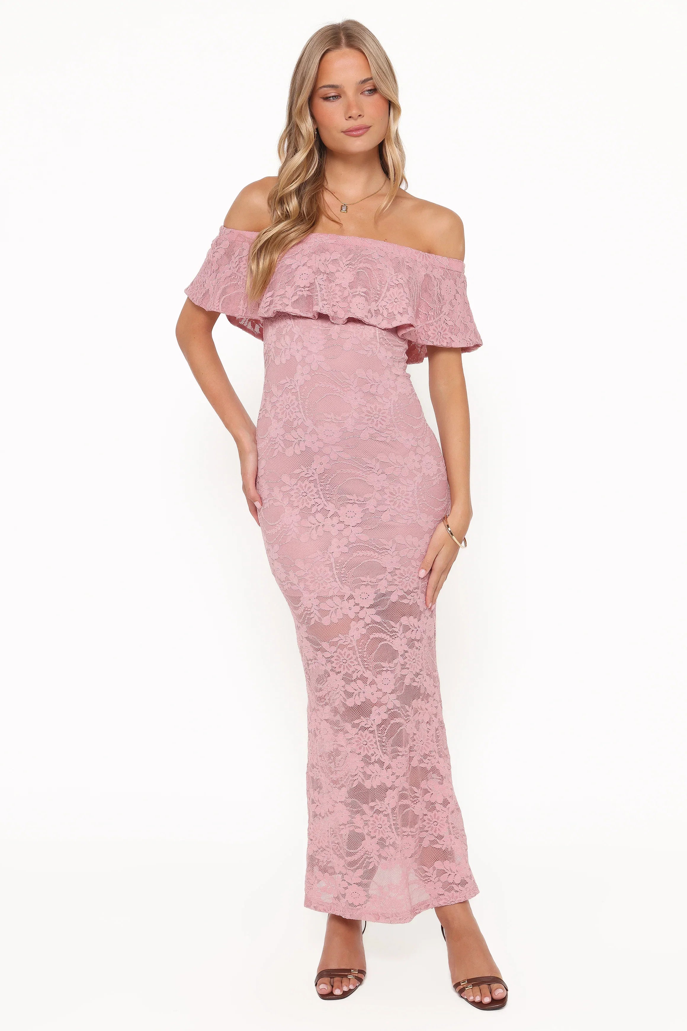 Mirelle Off Shoulder Lace Maxi Dress Pink