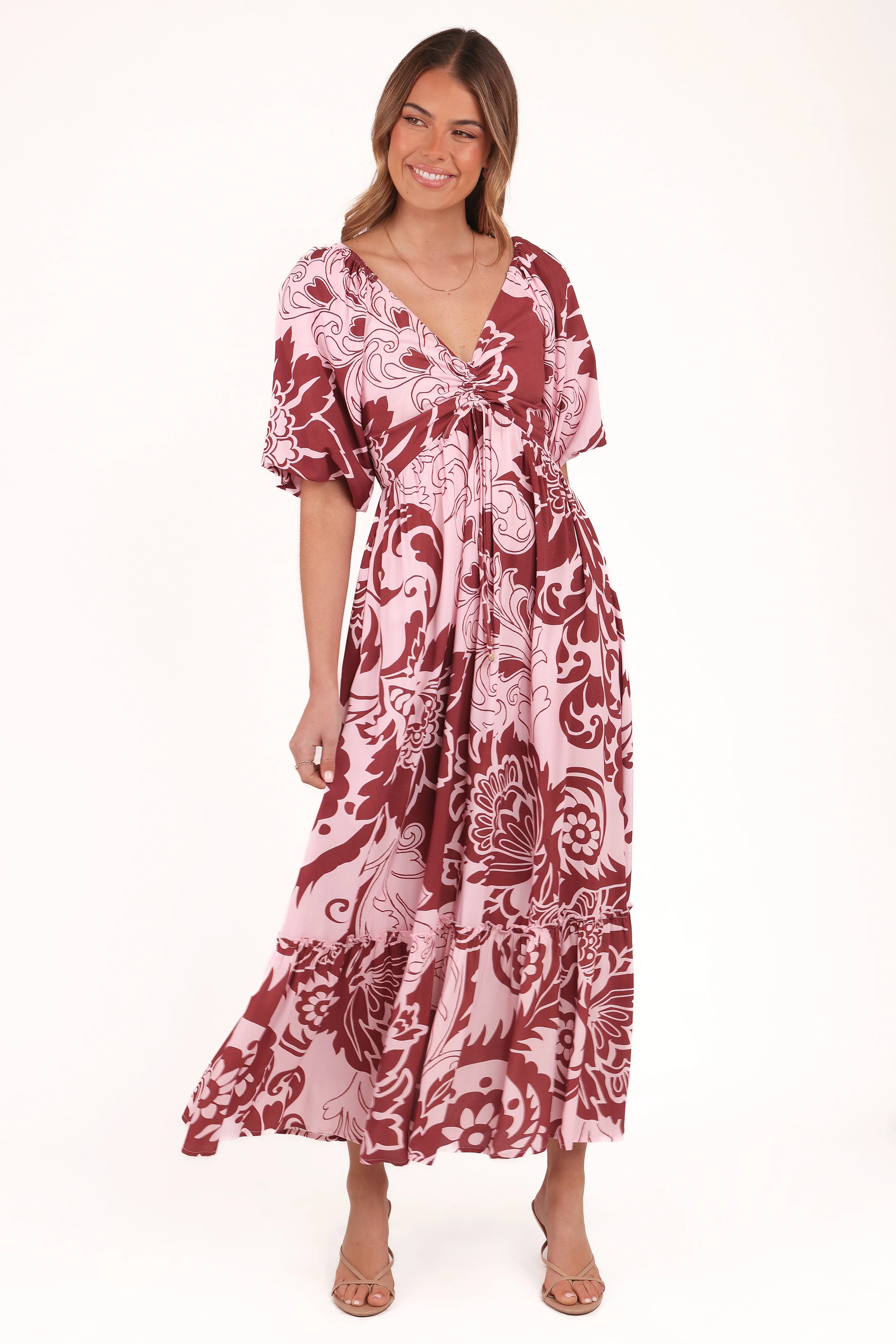 Shanae Maxi Dress Pink Brown Paisley