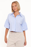 Zella Puff Sleeve Button Up Shirt Blue White Stripe