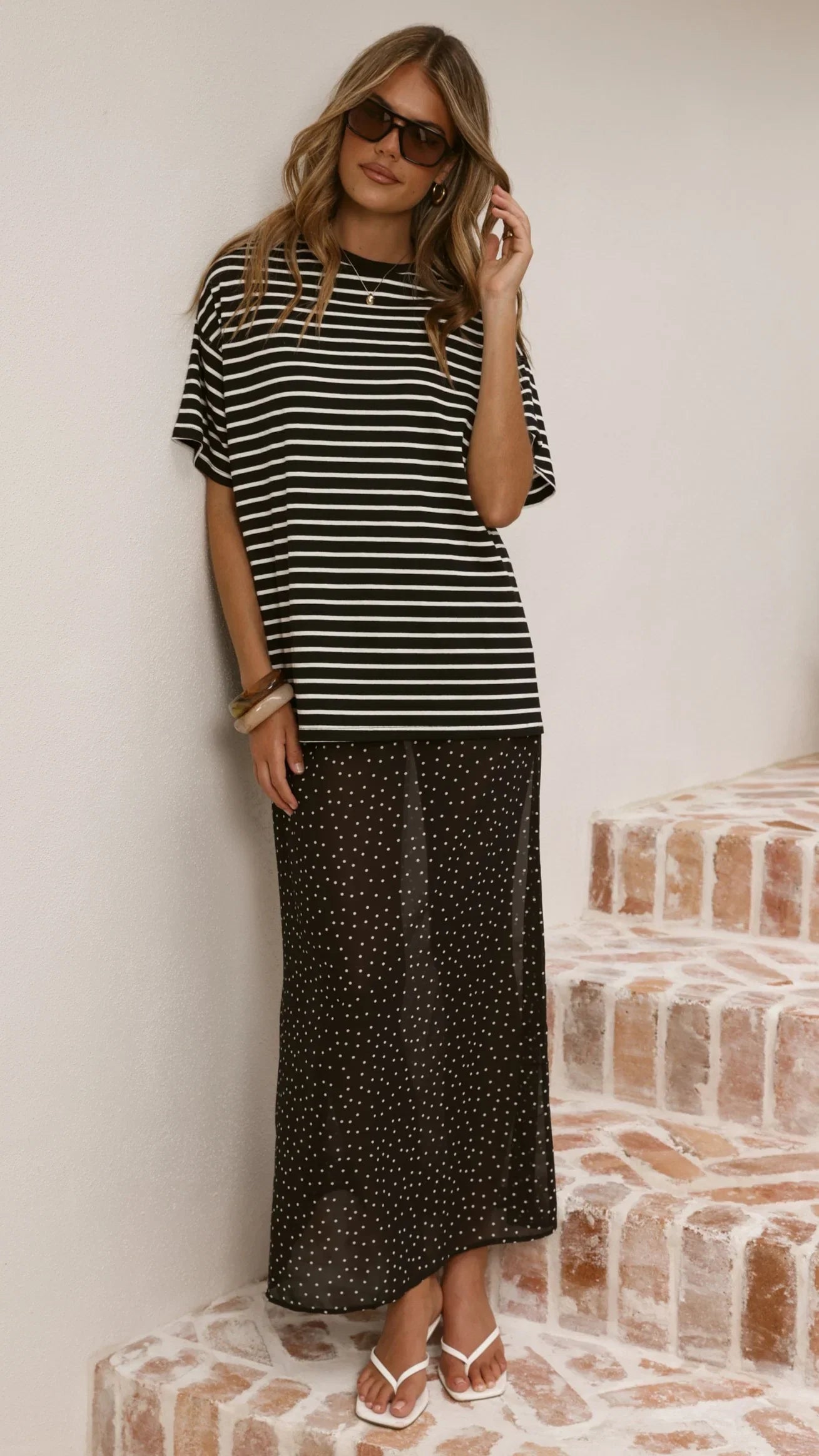 Elisha T Shirt and Sheer Maxi Skirt Set White Black Stripe and Polka Dot