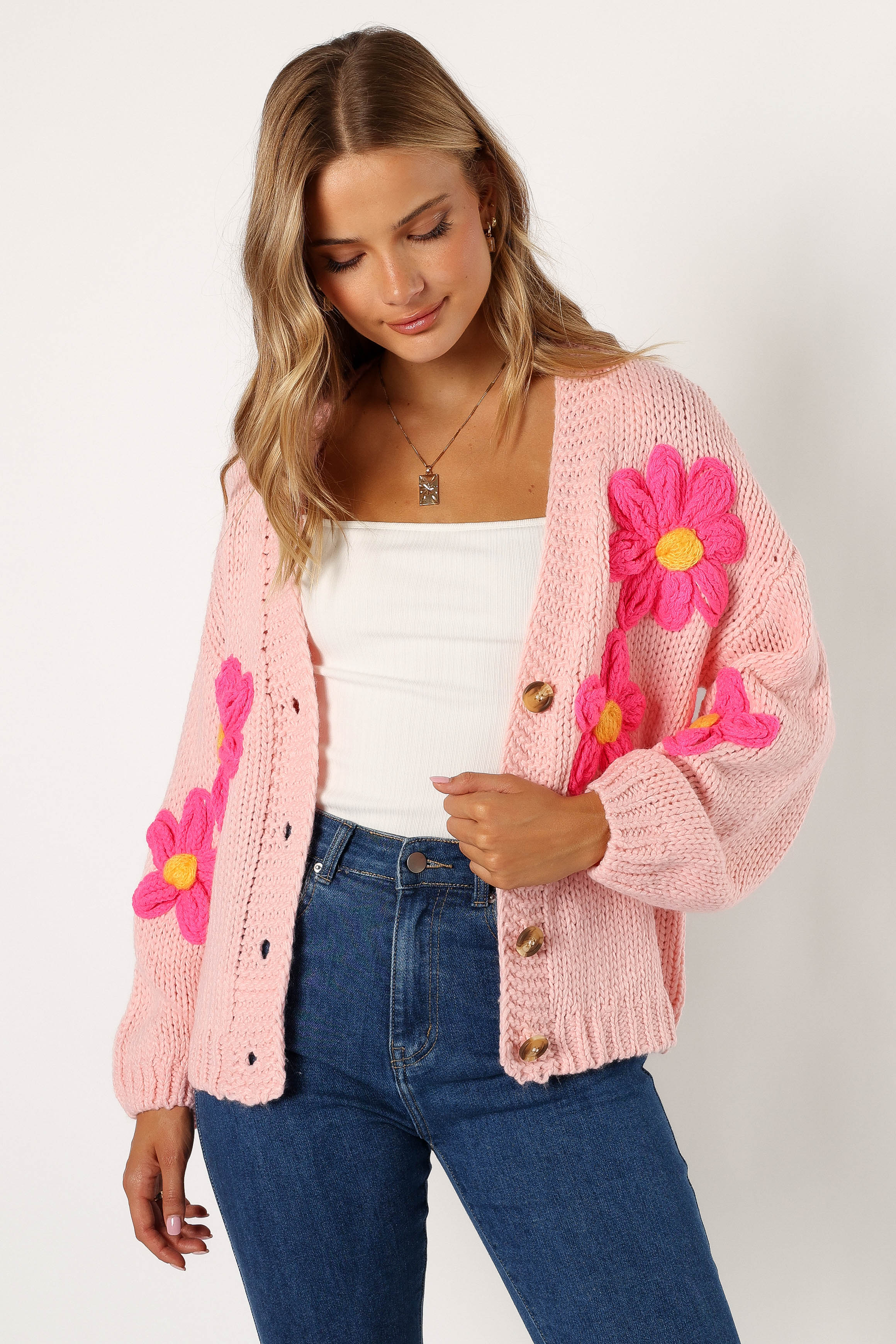 Clementine Flower Embroidered Open Front Cardigan Pink