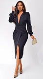 Natasa Long Sleeve Wrap Midi Dress Black