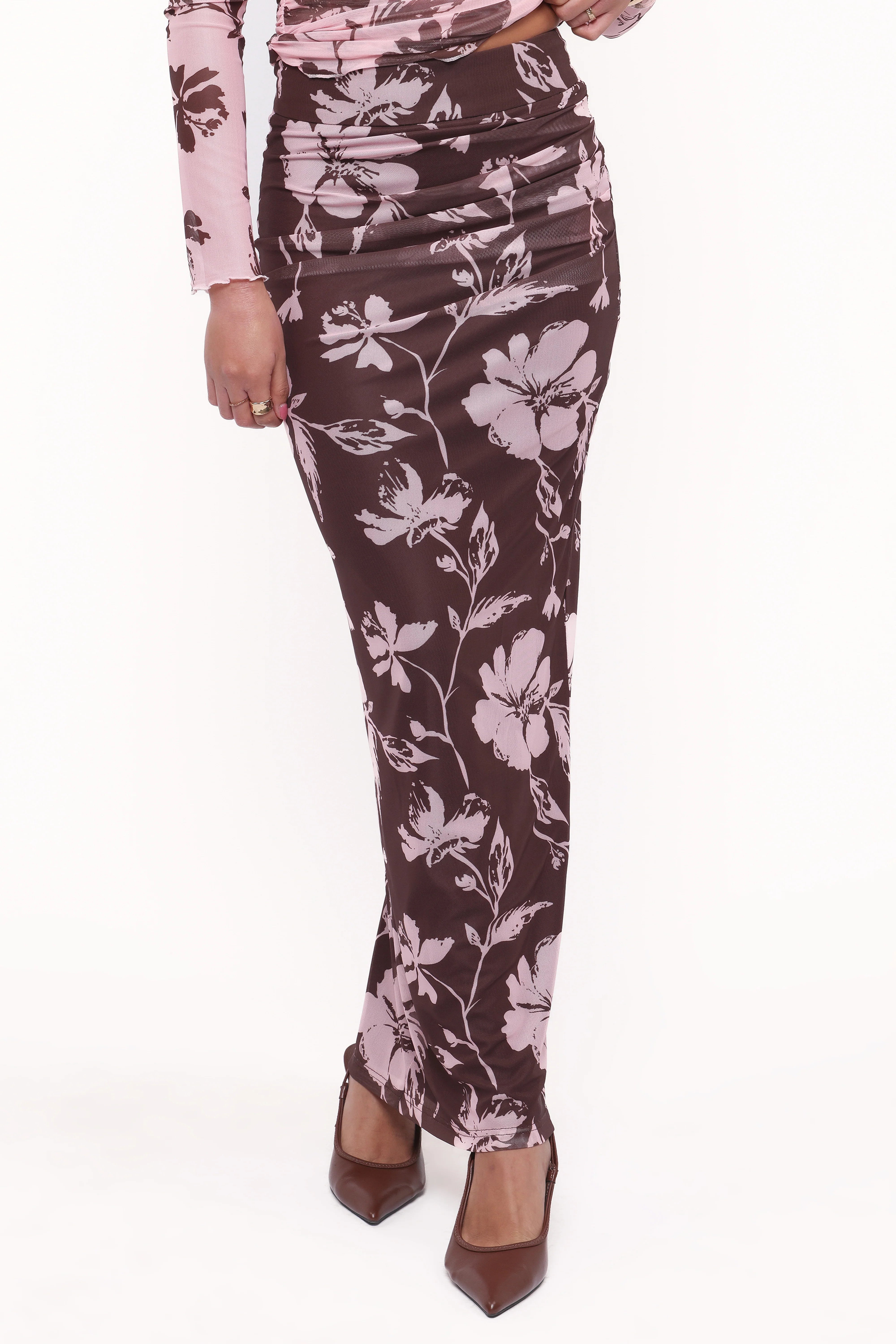 Navida Mesh Midi Skirt Pink Brown Floral