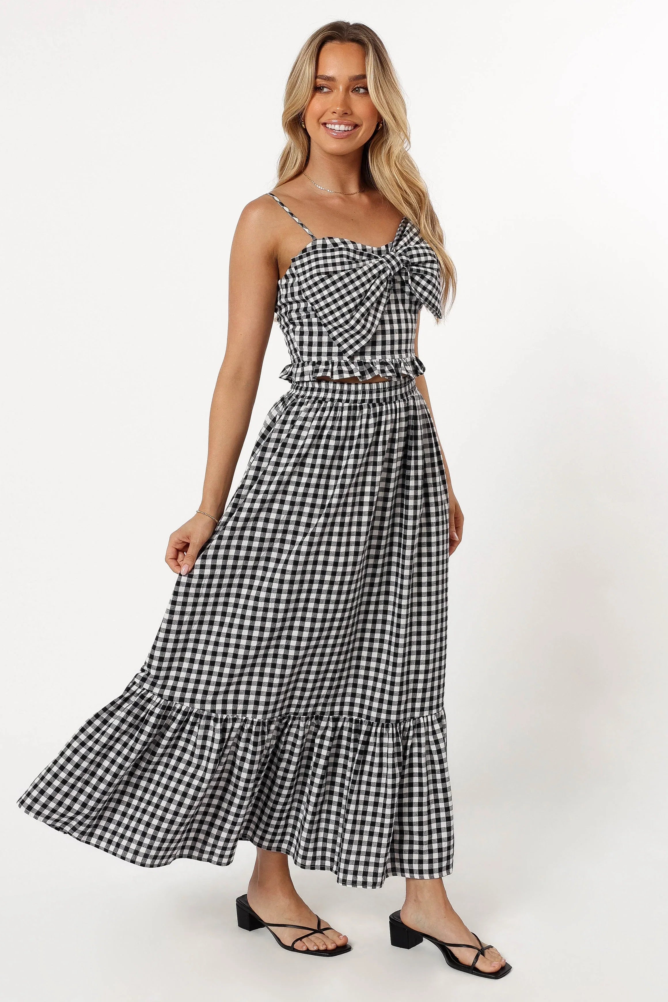 Bambi Tiered Midi Skirt Black Gingham