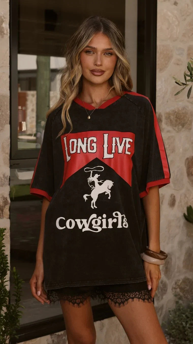 Long Live Cowgirls Oversized Tee Black Red