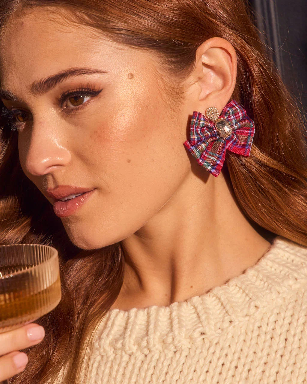 Honeyed Oak Plaid Bow Earrings