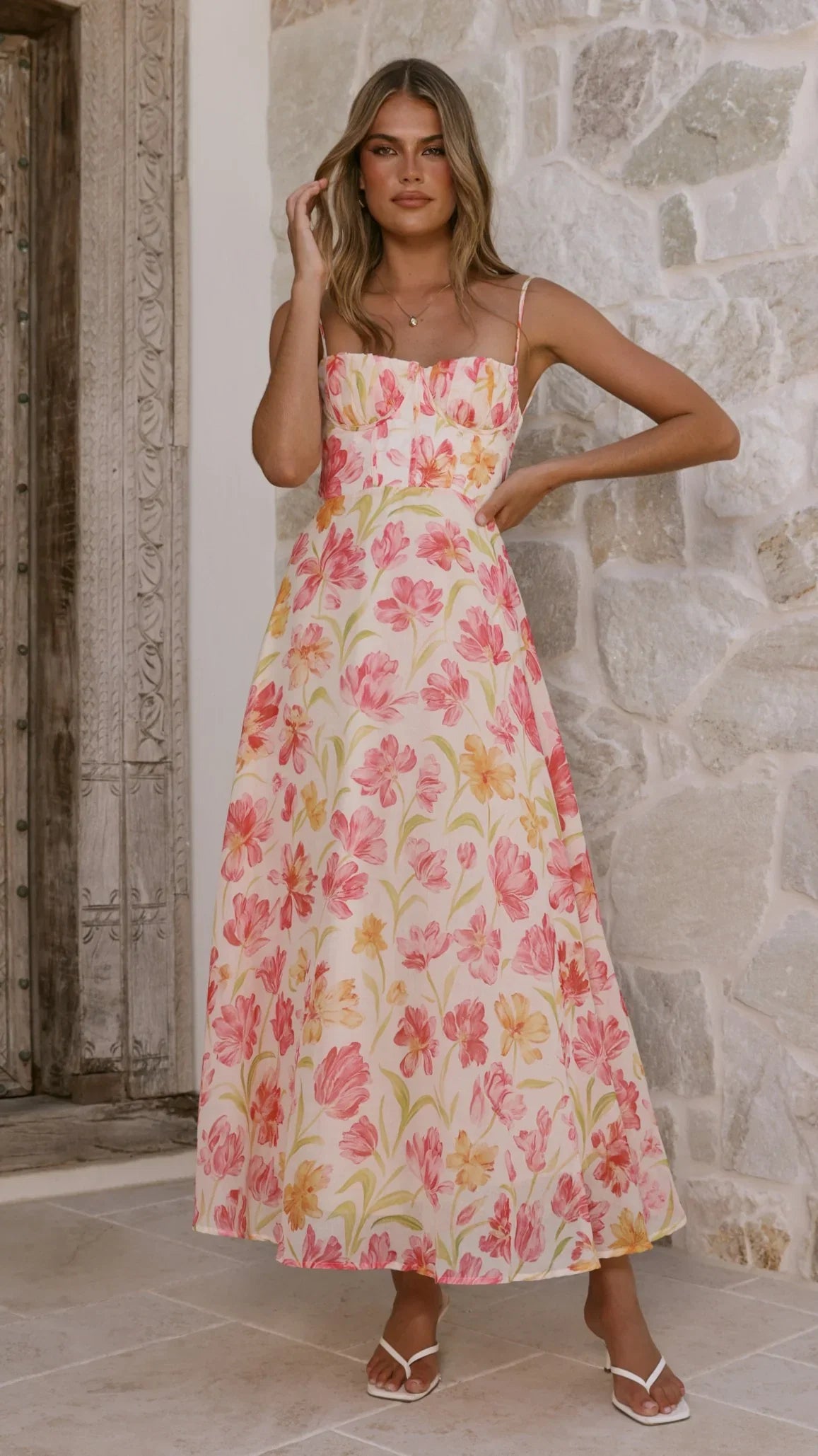 Rahima Maxi Dress Pink Yellow Flower