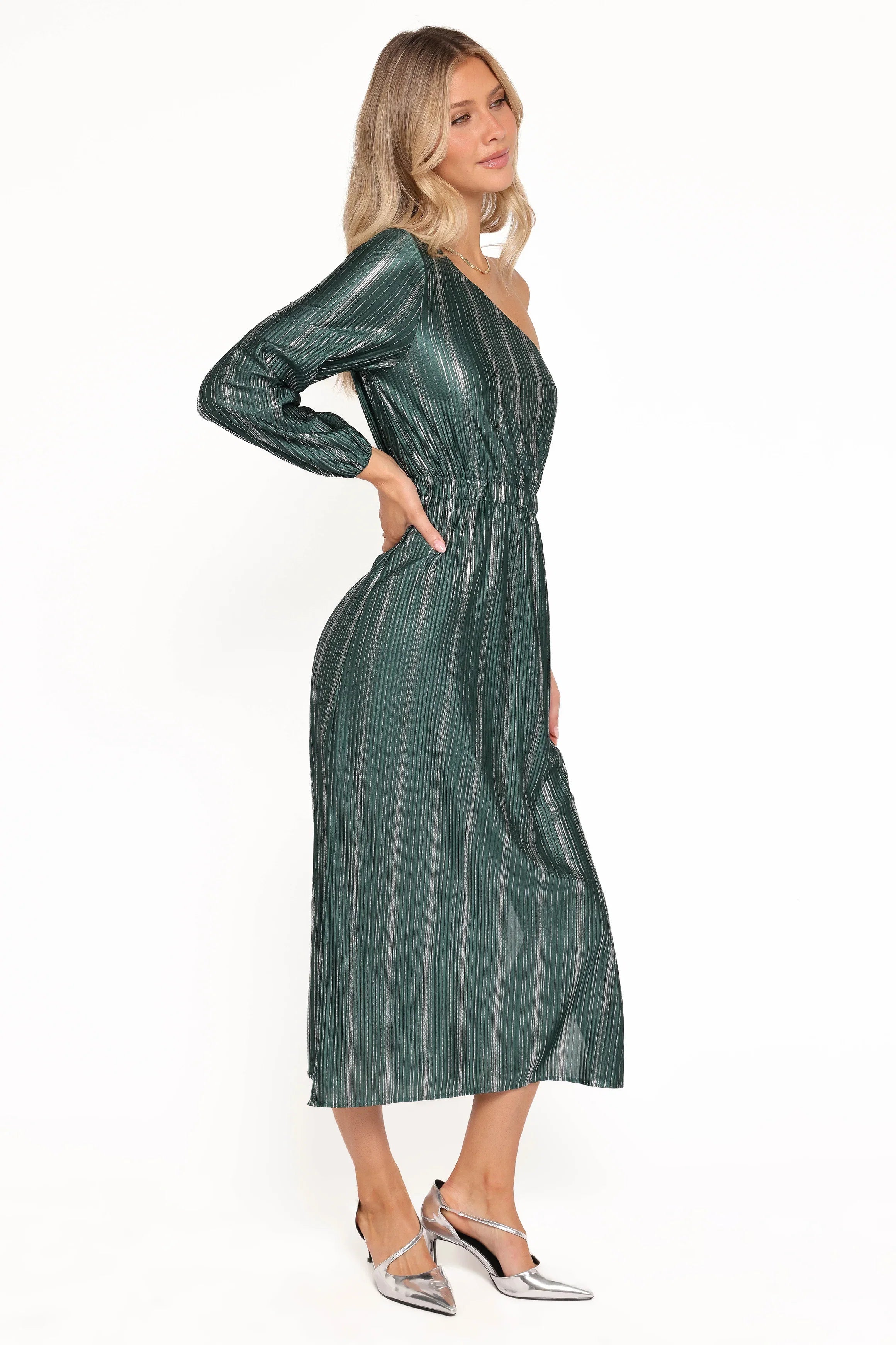 Pontee One Shoulder Pleated Midi Dress Green