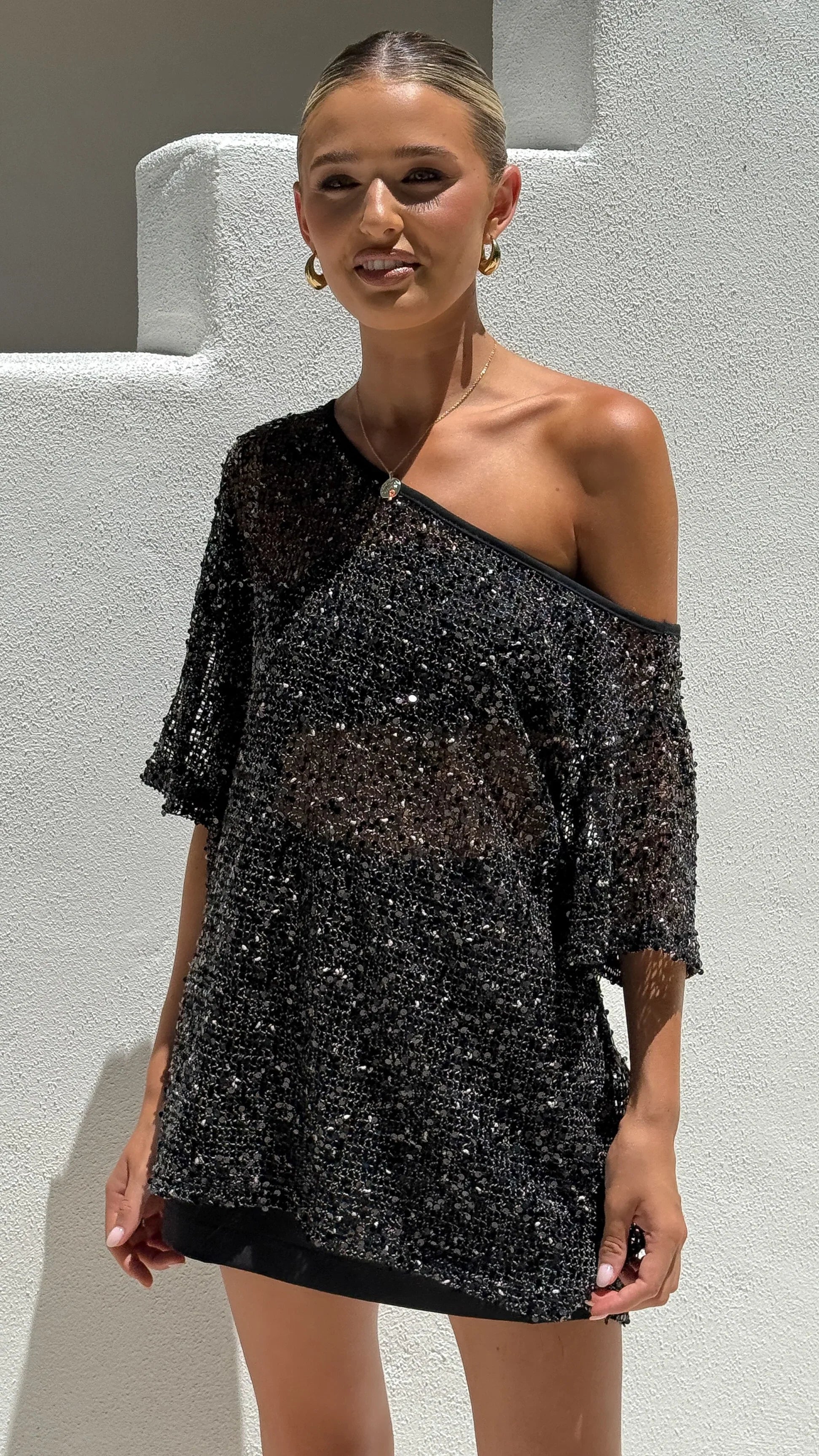 Zinnie Sequins Off Shoulder Top Black