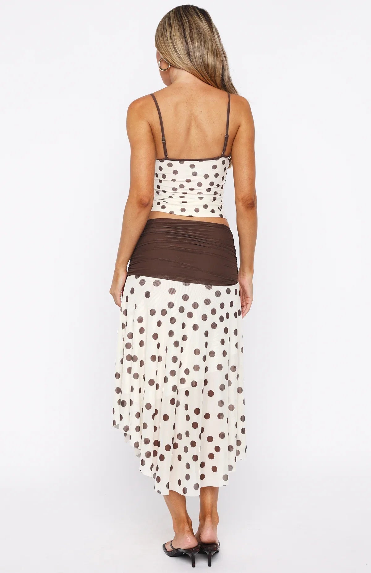 Mediterranean Mirage Midi Skirt Cream Choc Polka Dot