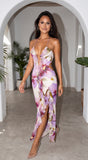 Violessa Floral Ruffle Cutout Maxi Dress Lavender Multi