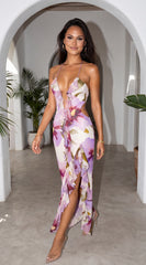 Violessa Floral Ruffle Cutout Maxi Dress Lavender Multi