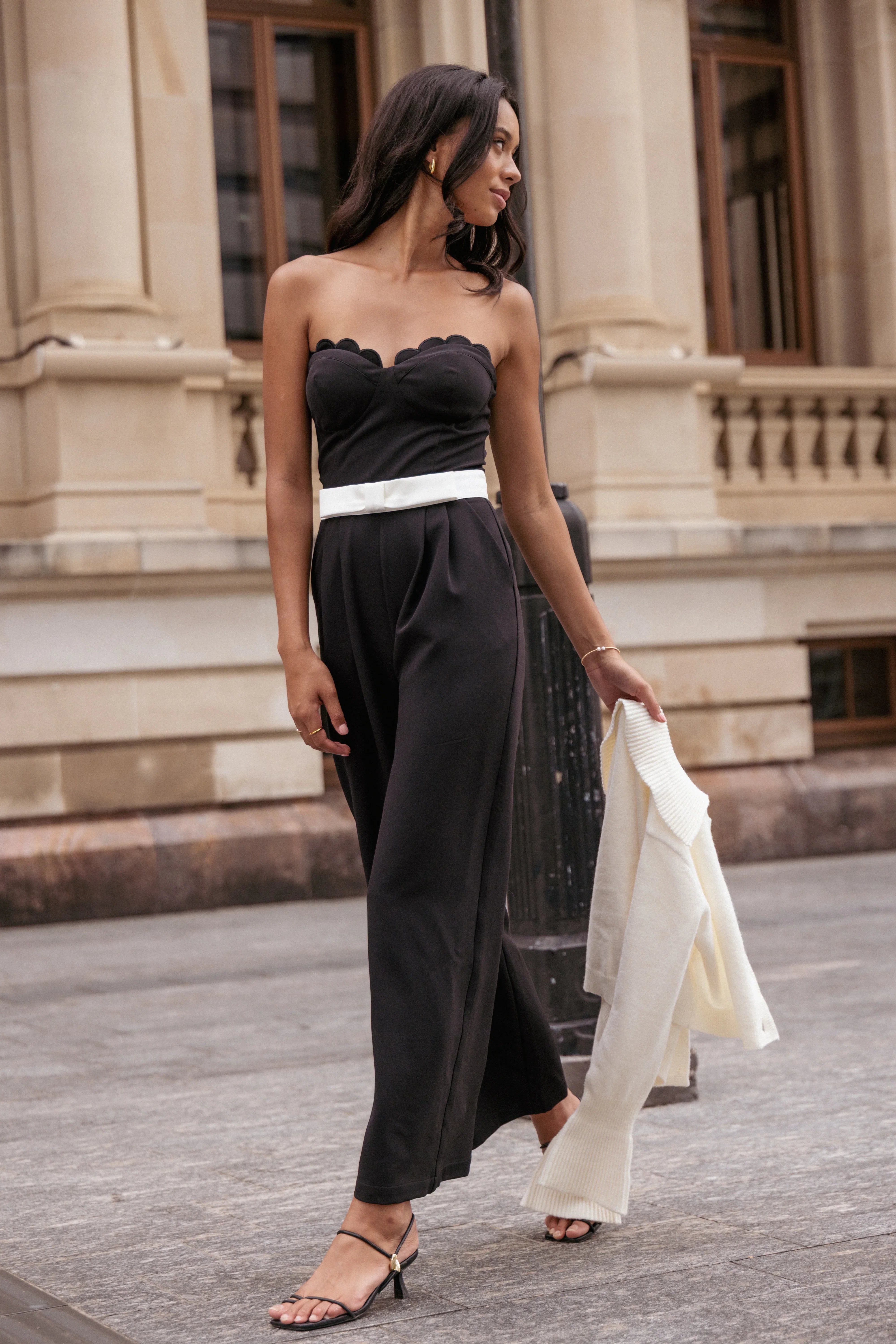 Elaria Scalloped Belted Jumpsuit Black