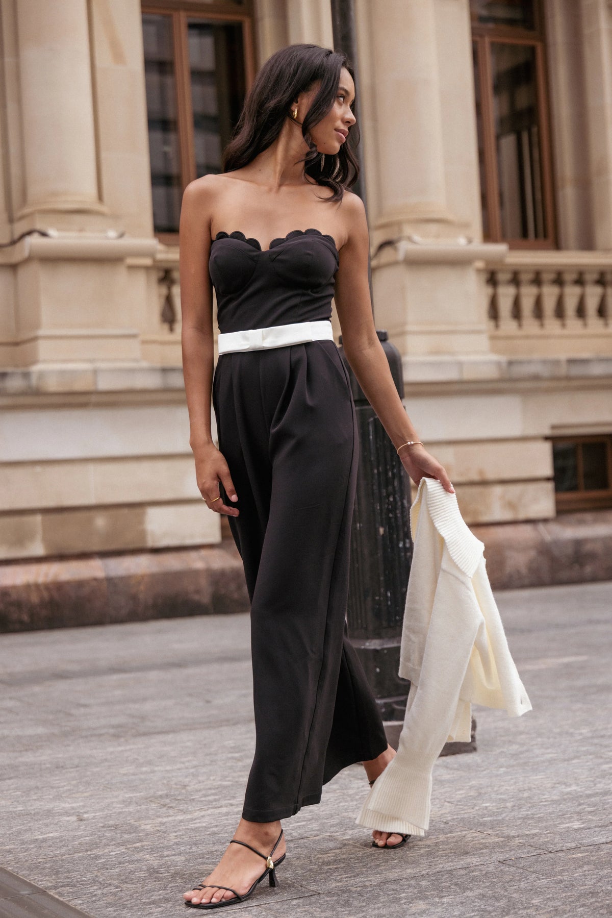 Elaria Scalloped Belted Jumpsuit Black
