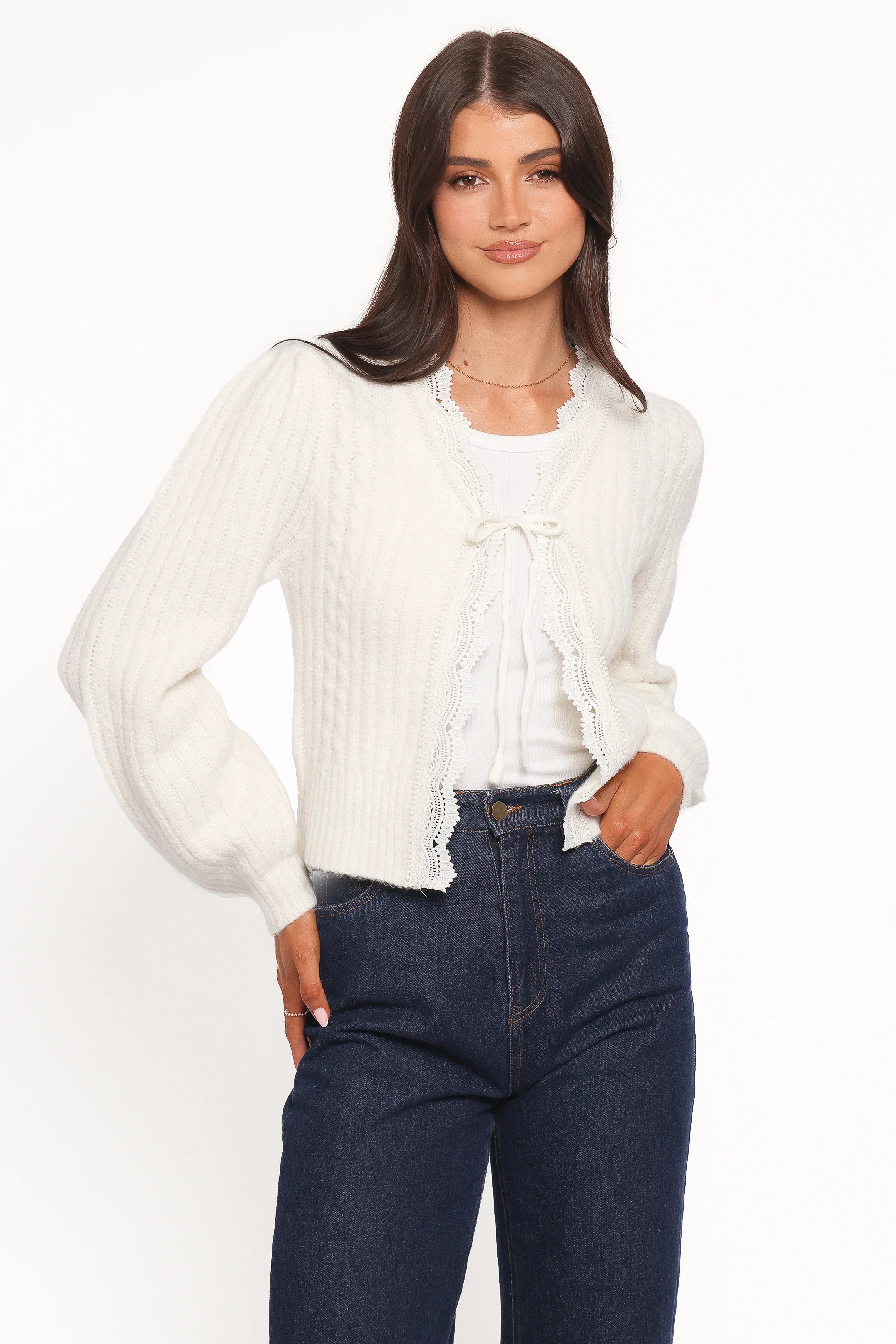 Silvie Lace Front Tie Cardigan Cream